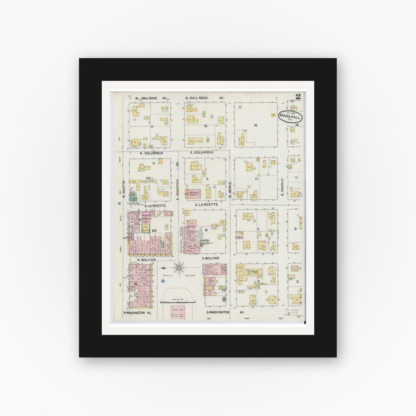 Old map wall art mockup — black gallery frame with white mat — Sanborn Fire Insurance Map from Marshall, Harrison County, Texas (1889), Sheet #0002
