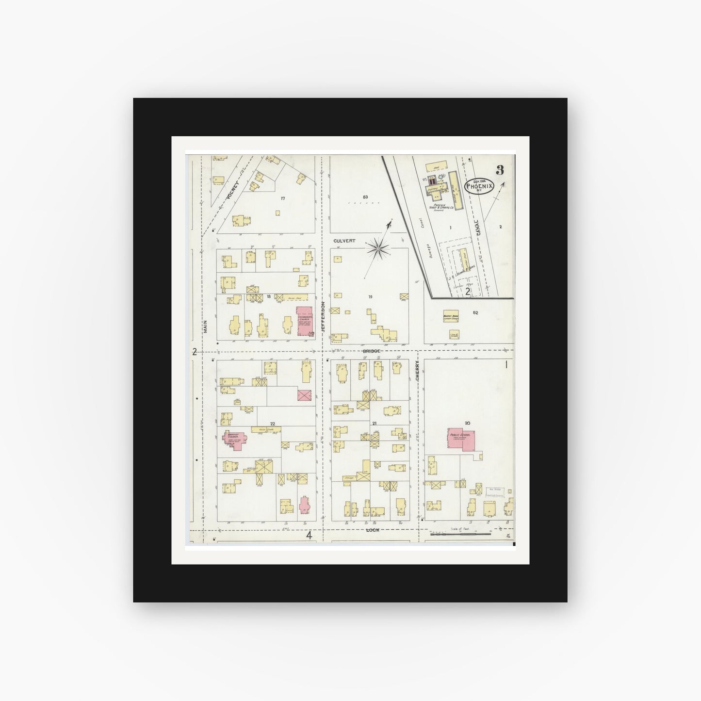 Old map wall art mockup — black gallery frame with white mat — Sanborn Fire Insurance Map from Phoenix, Oswego County, New York (1904), Sheet #0003