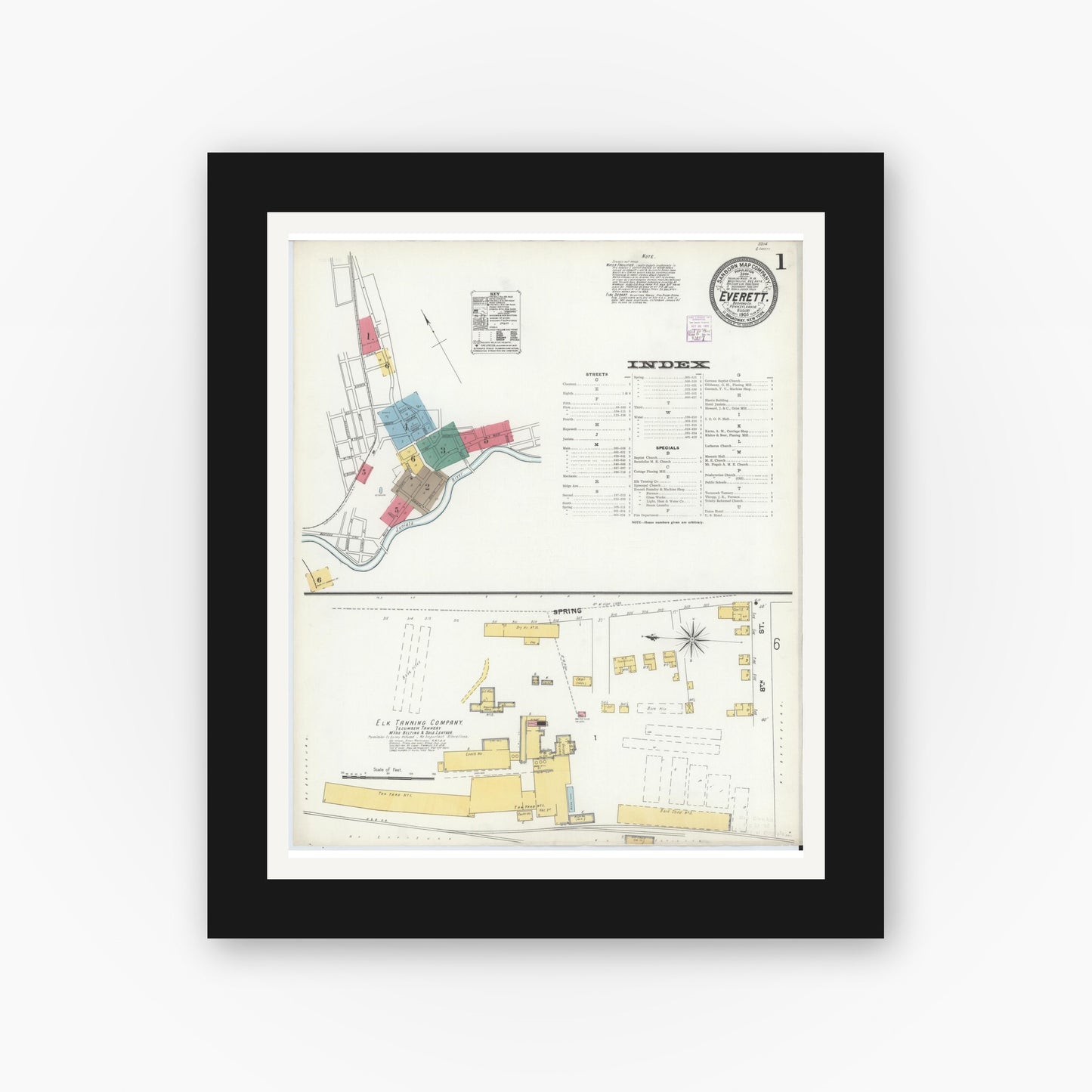 Old map wall art mockup — black gallery frame with white mat — Sanborn Fire Insurance Map from Everett, Bedford County, Pennsylvania (1905) - Complete Map Set