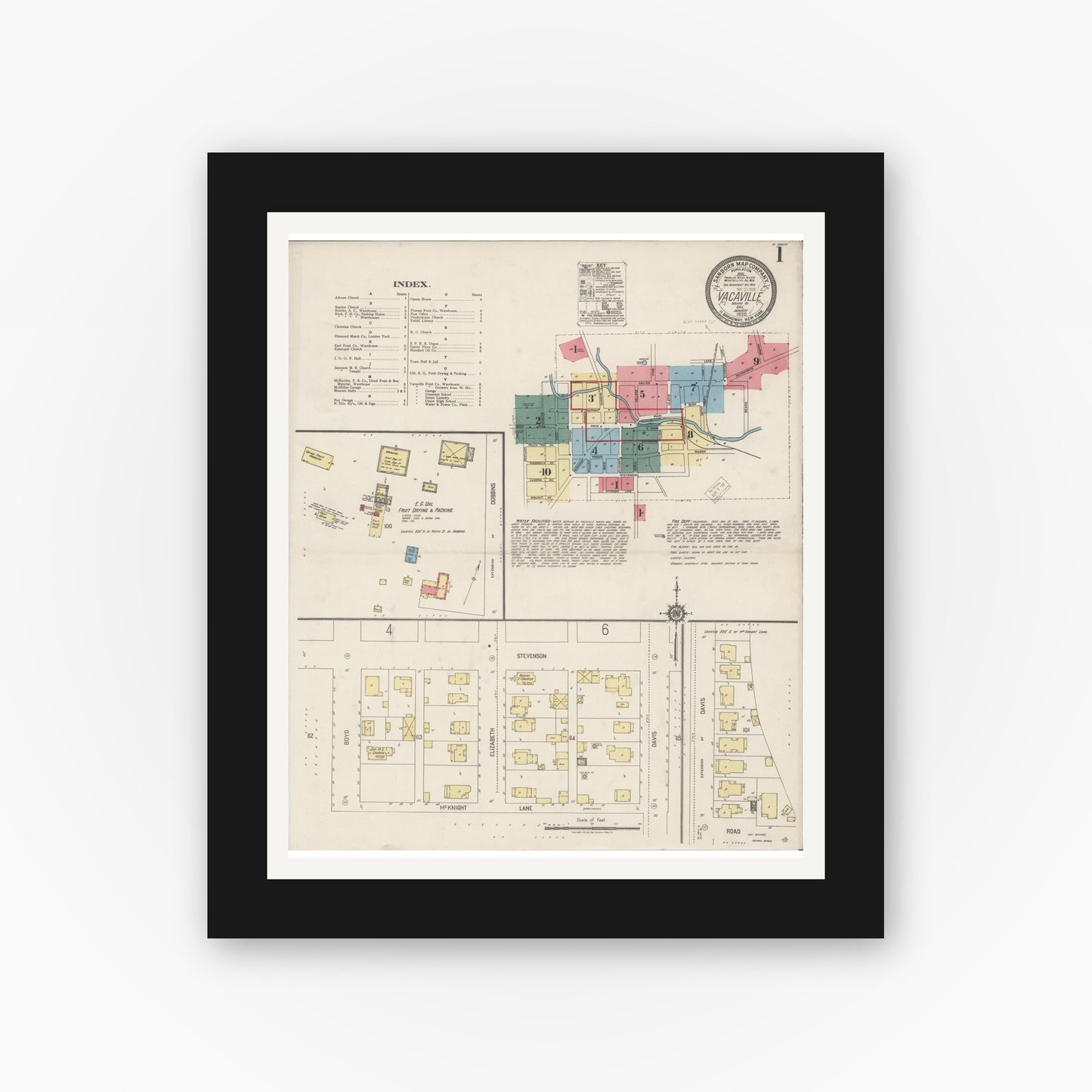 Old map wall art mockup — black gallery frame with white mat — Sanborn Fire Insurance Map from Vacaville, Solano County, California (1920) - Complete Map Set