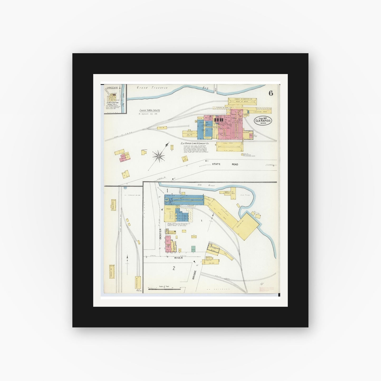 Old map wall art mockup — black gallery frame with white mat — Sanborn Fire Insurance Map from Elk Rapids, Antrim County, Michigan (1907), Sheet #0006