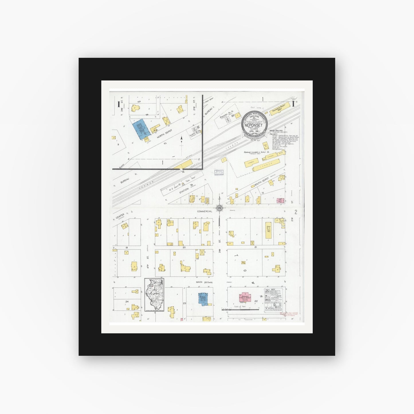 Old map wall art mockup — black gallery frame with white mat — Sanborn Fire Insurance Map from Neponset, Bureau County, Illinois (1928) - Complete Map Set