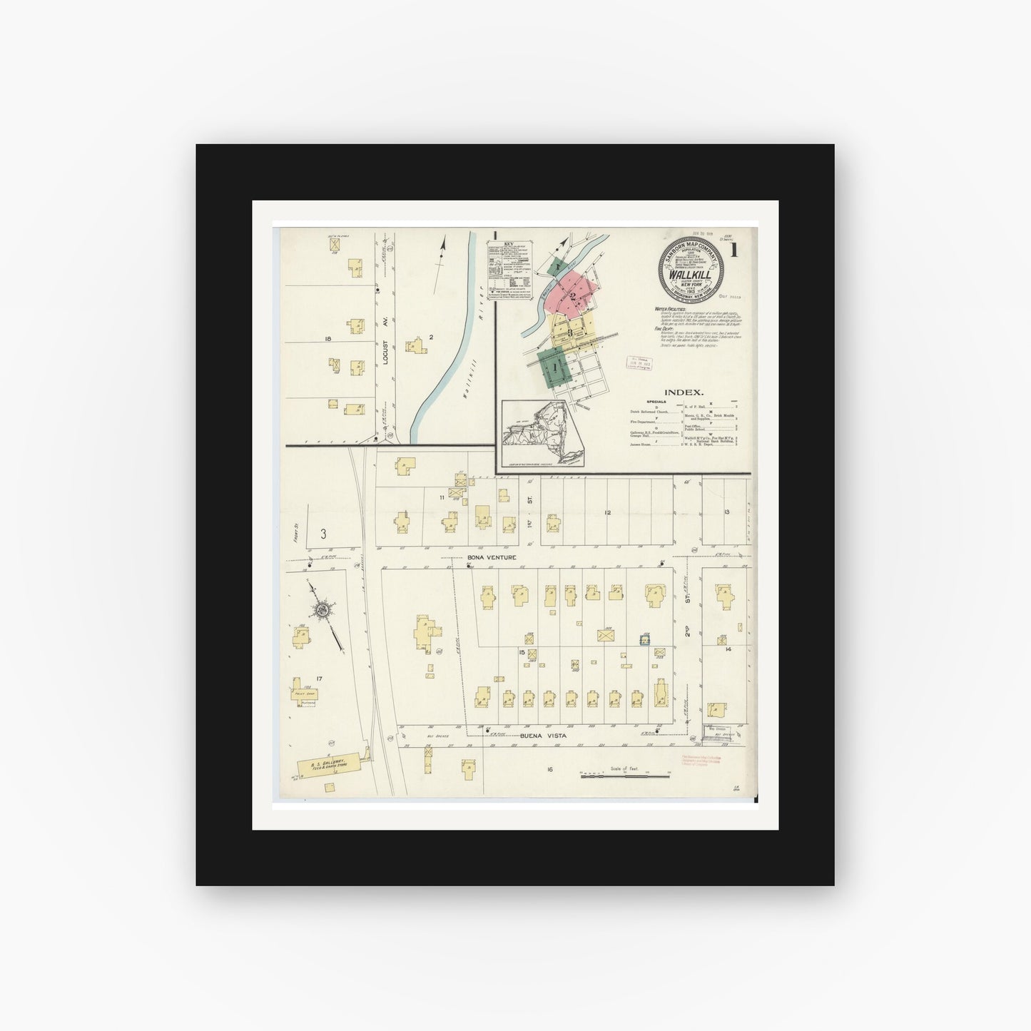 Old map wall art mockup — black gallery frame with white mat — Sanborn Fire Insurance Map from Wallkill, Ulster County, New York (1913) - Complete Map Set