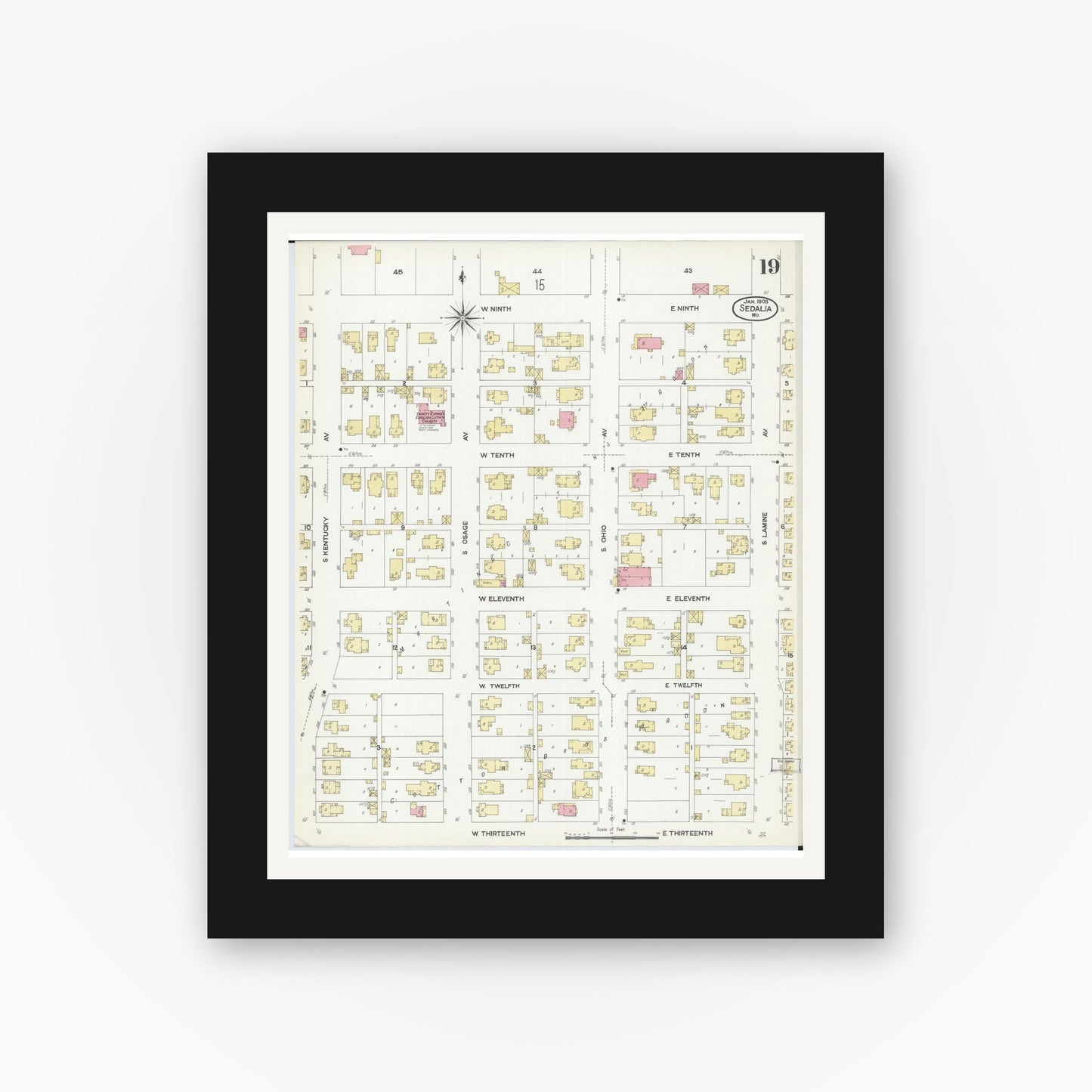 Old map wall art mockup — black gallery frame with white mat — Sanborn Fire Insurance Map from Sedalia, Pettis County, Missouri (1908), Sheet #0019