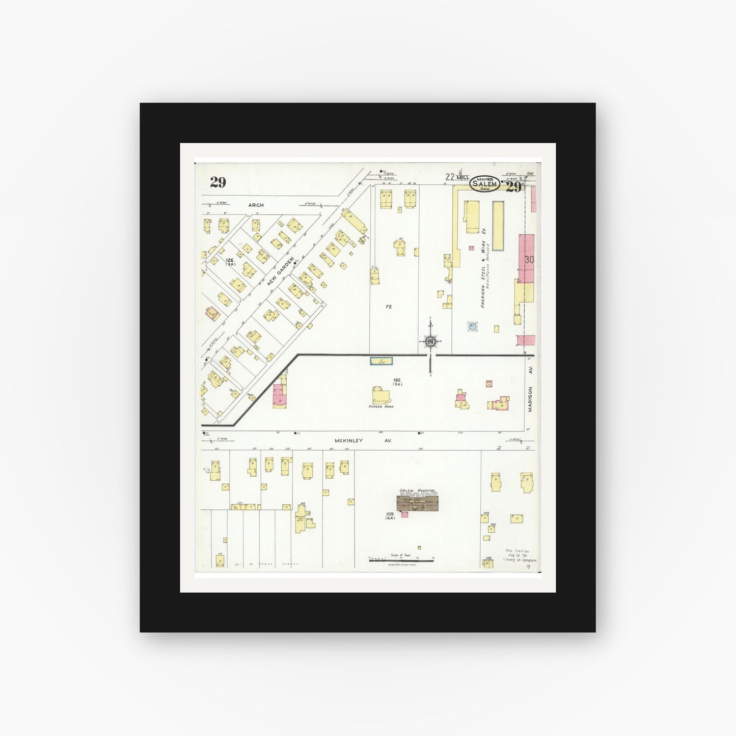 Old map wall art mockup — black gallery frame with white mat — Sanborn Fire Insurance Map from Salem, Columbiana County, Ohio (1926), Sheet #0029
