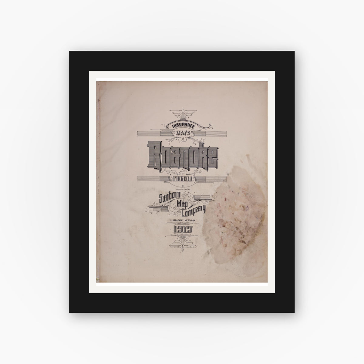 Old map wall art mockup — black gallery frame with white mat — Sanborn Fire Insurance Map from Roanoke, Independent Cities, Virginia (1919), Sheet #0001