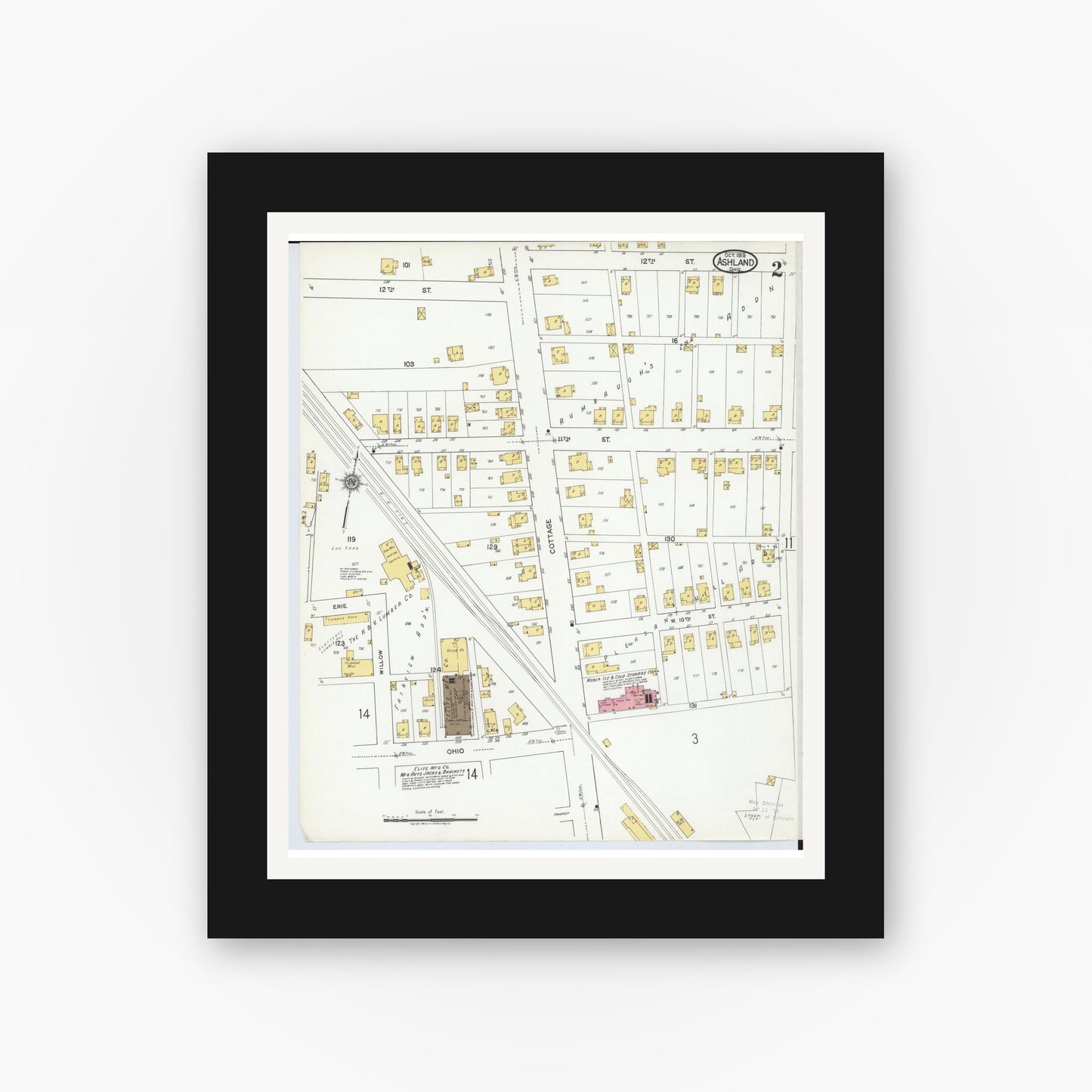 Old map wall art mockup — black gallery frame with white mat — Sanborn Fire Insurance Map from Ashland, Ashland County, Ohio (1919), Sheet #0002