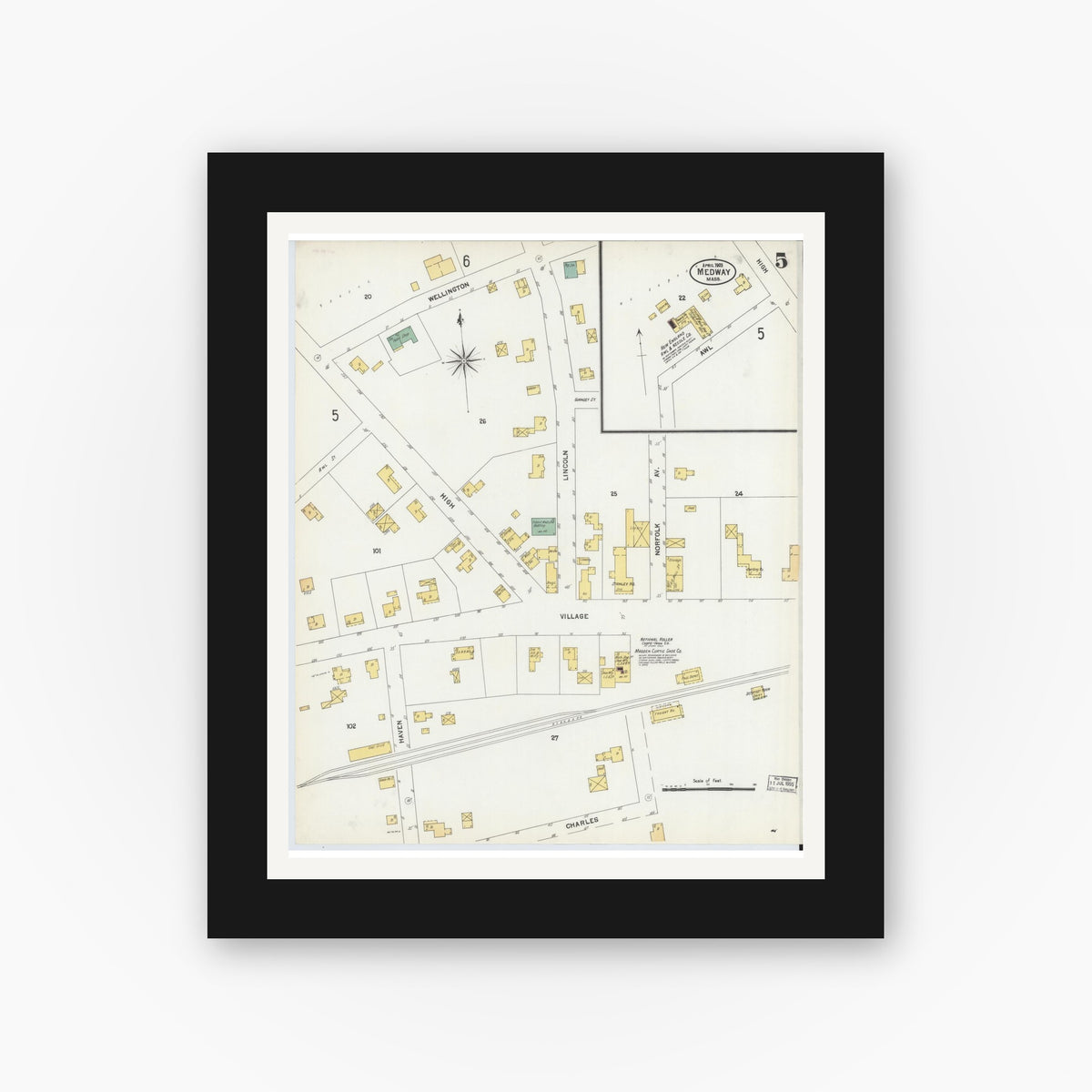 Old map wall art mockup — black gallery frame with white mat — Sanborn Fire Insurance Map from Medway, Norfolk County, Massachusetts (1903), Sheet #0005