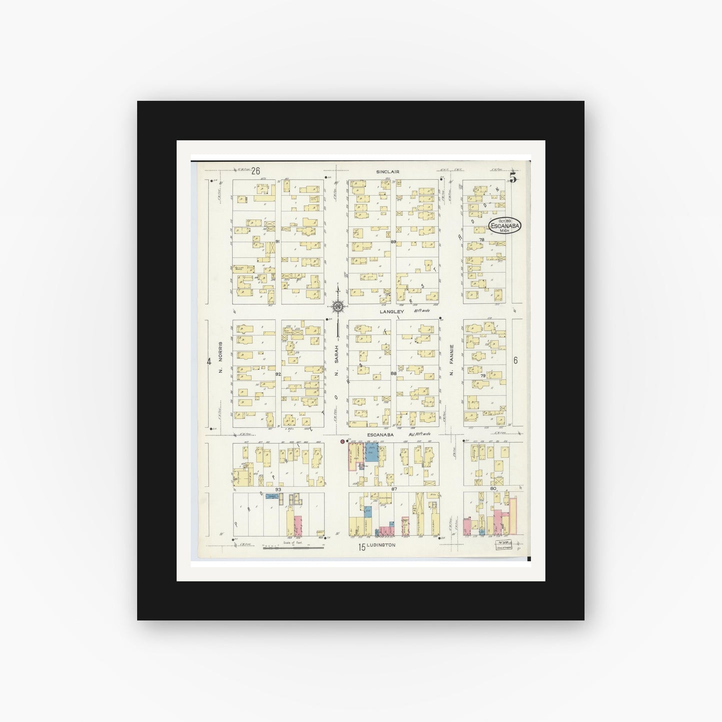 Old map wall art mockup — black gallery frame with white mat — Sanborn Fire Insurance Map from Escanaba, Delta County, Michigan (1913), Sheet #0005