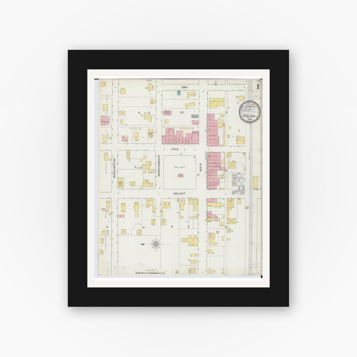 Old map wall art mockup — black gallery frame with white mat — Sanborn Fire Insurance Map from Oakland, Coles County, Illinois (1893) - Complete Map Set