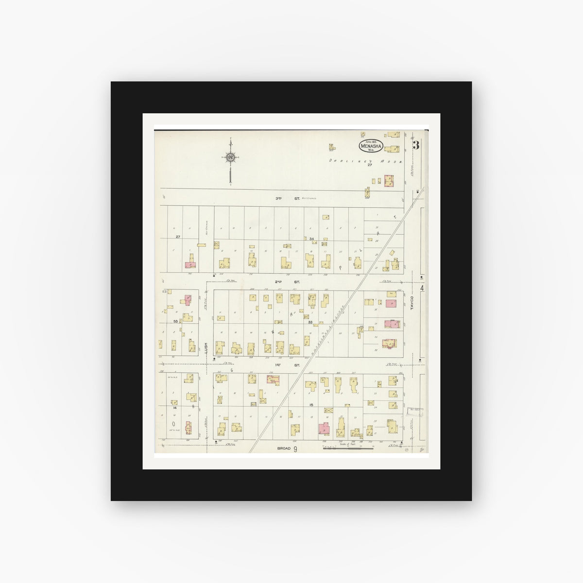 Old map wall art mockup — black gallery frame with white mat — Sanborn Fire Insurance Map from Menasha, Winnebago County, Wisconsin (1913), Sheet #0003