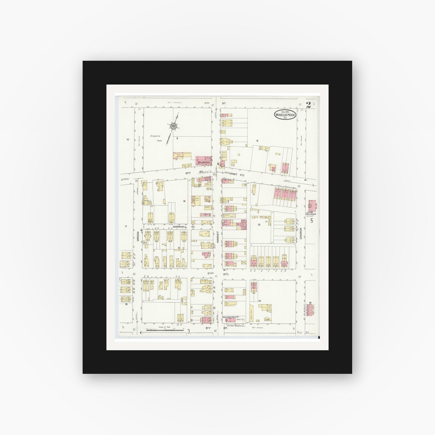 Old map wall art mockup — black gallery frame with white mat — Sanborn Fire Insurance Map from Marcus Hook, Chester County, Pennsylvania (1912), Sheet #0002