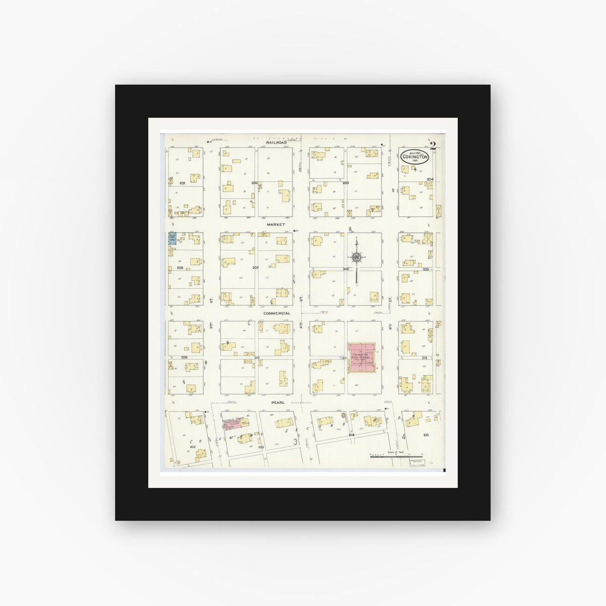Old map wall art mockup — black gallery frame with white mat — Sanborn Fire Insurance Map from Covington, Fountain County, Indiana (1910), Sheet #0002