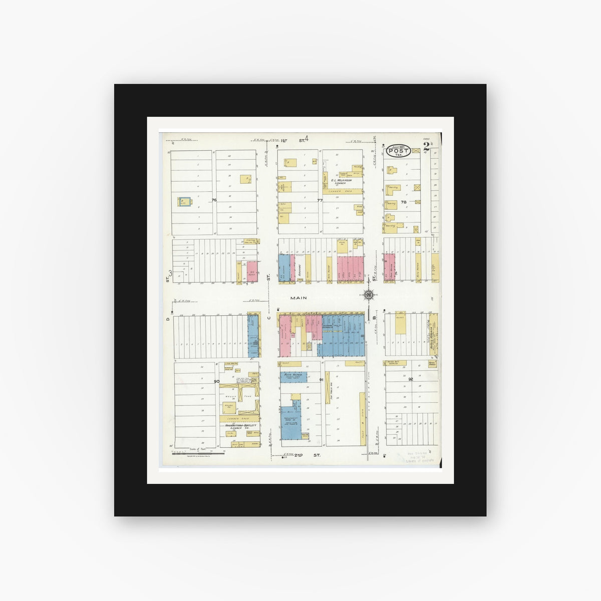 Old map wall art mockup — black gallery frame with white mat — Sanborn Fire Insurance Map from Post, Garza County, Texas (1921), Sheet #0002