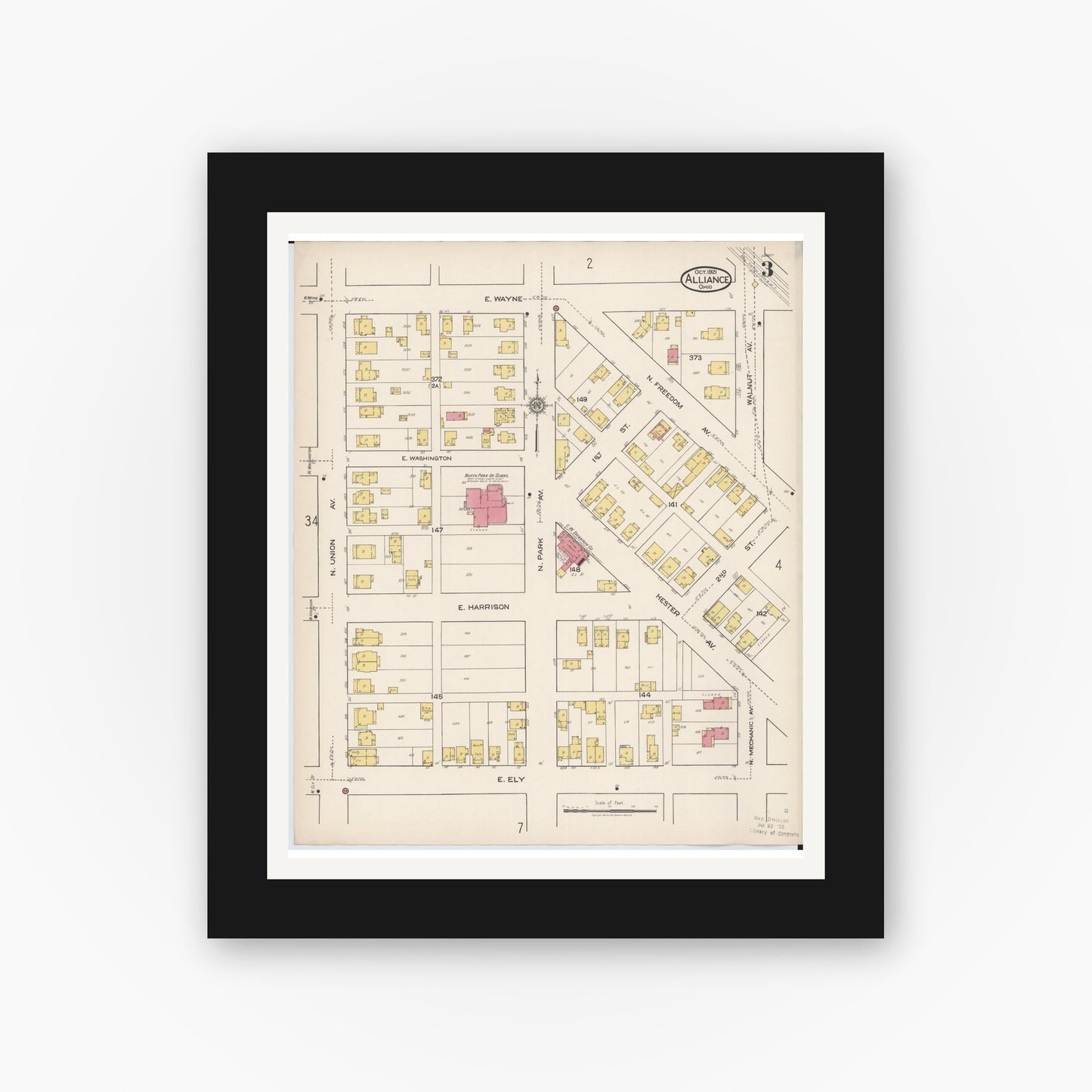 Old map wall art mockup — black gallery frame with white mat — Sanborn Fire Insurance Map from Alliance, Stark County, Ohio (1921), Sheet #0003