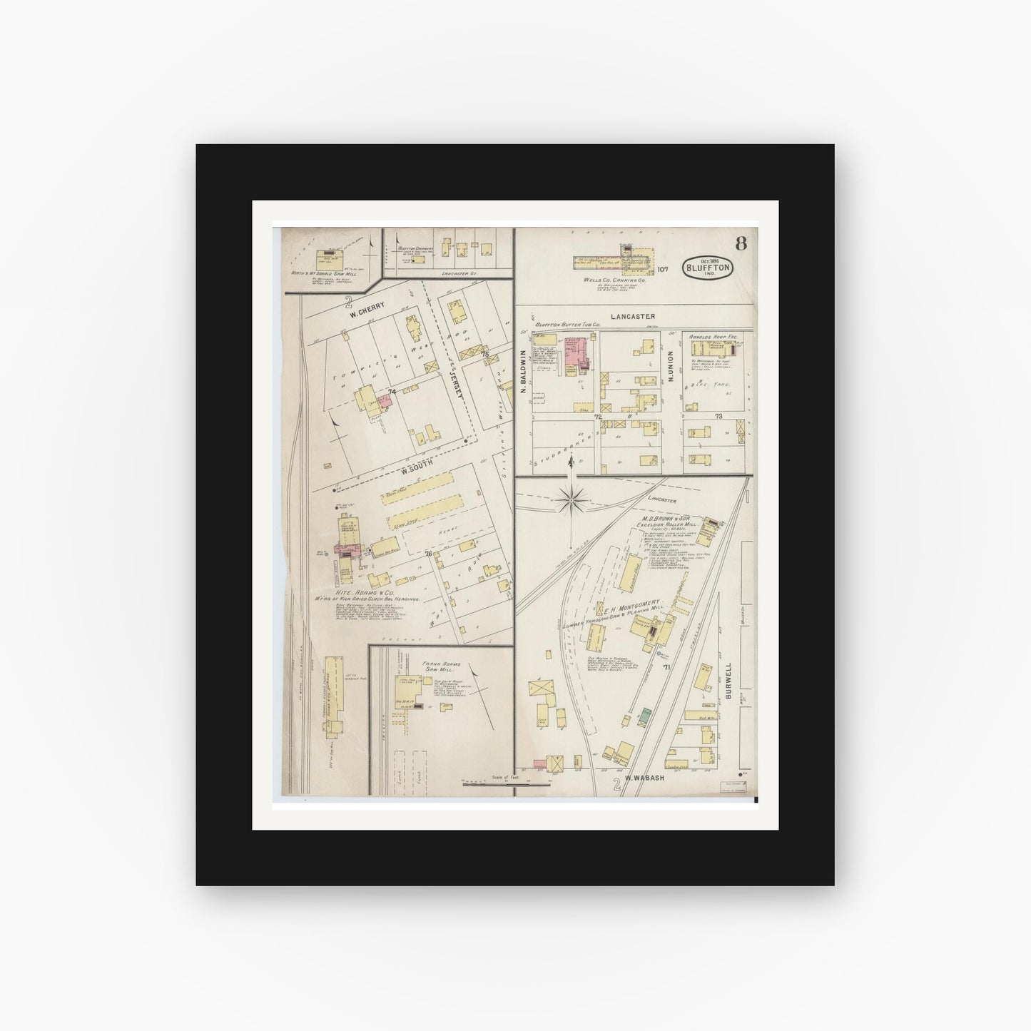 Old map wall art mockup — black gallery frame with white mat — Sanborn Fire Insurance Map from Bluffton, Wells County, Indiana (1895), Sheet #0008
