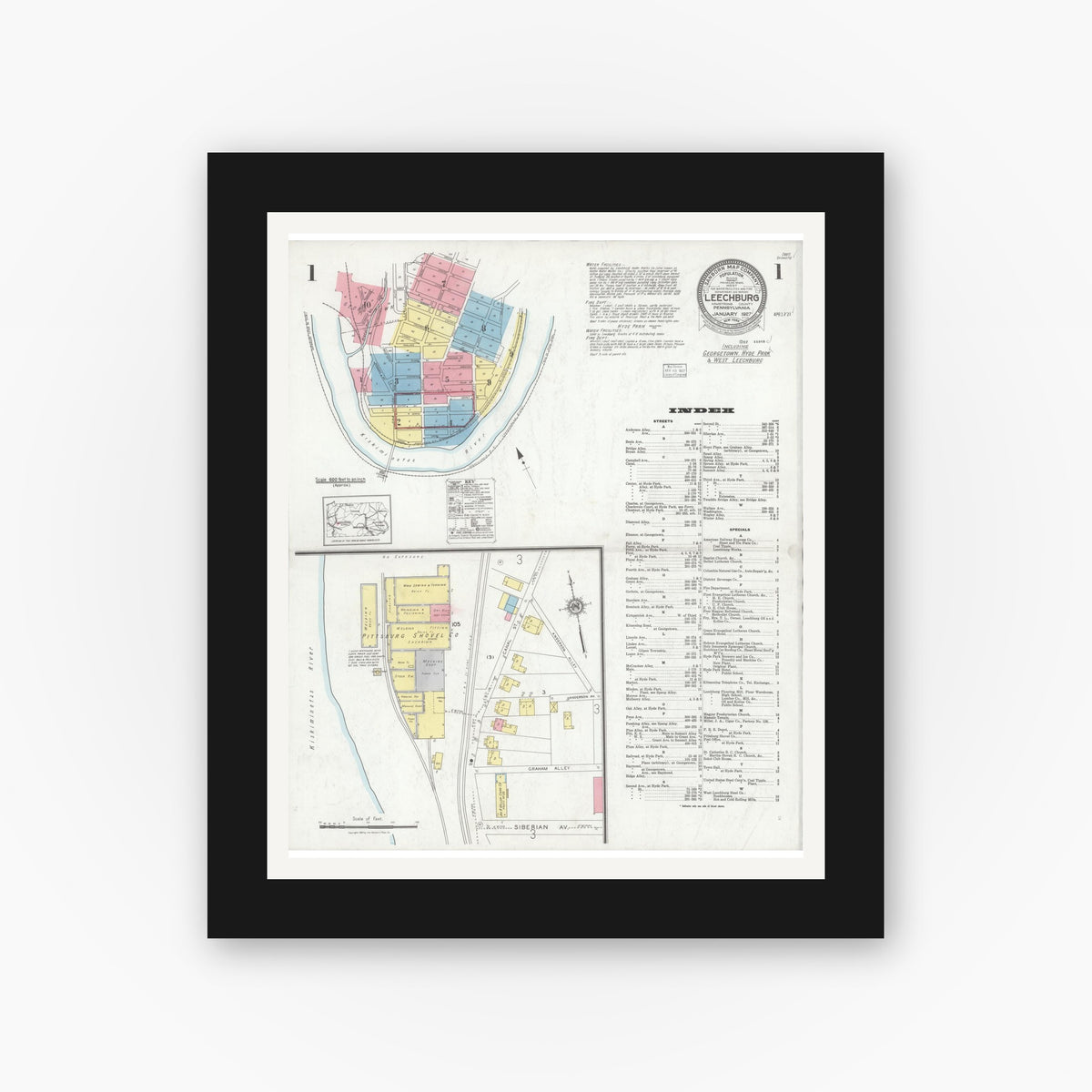 Old map wall art mockup — black gallery frame with white mat — Sanborn Fire Insurance Map from Leechburg, Armstrong County, Pennsylvania (1927), Sheet #0001