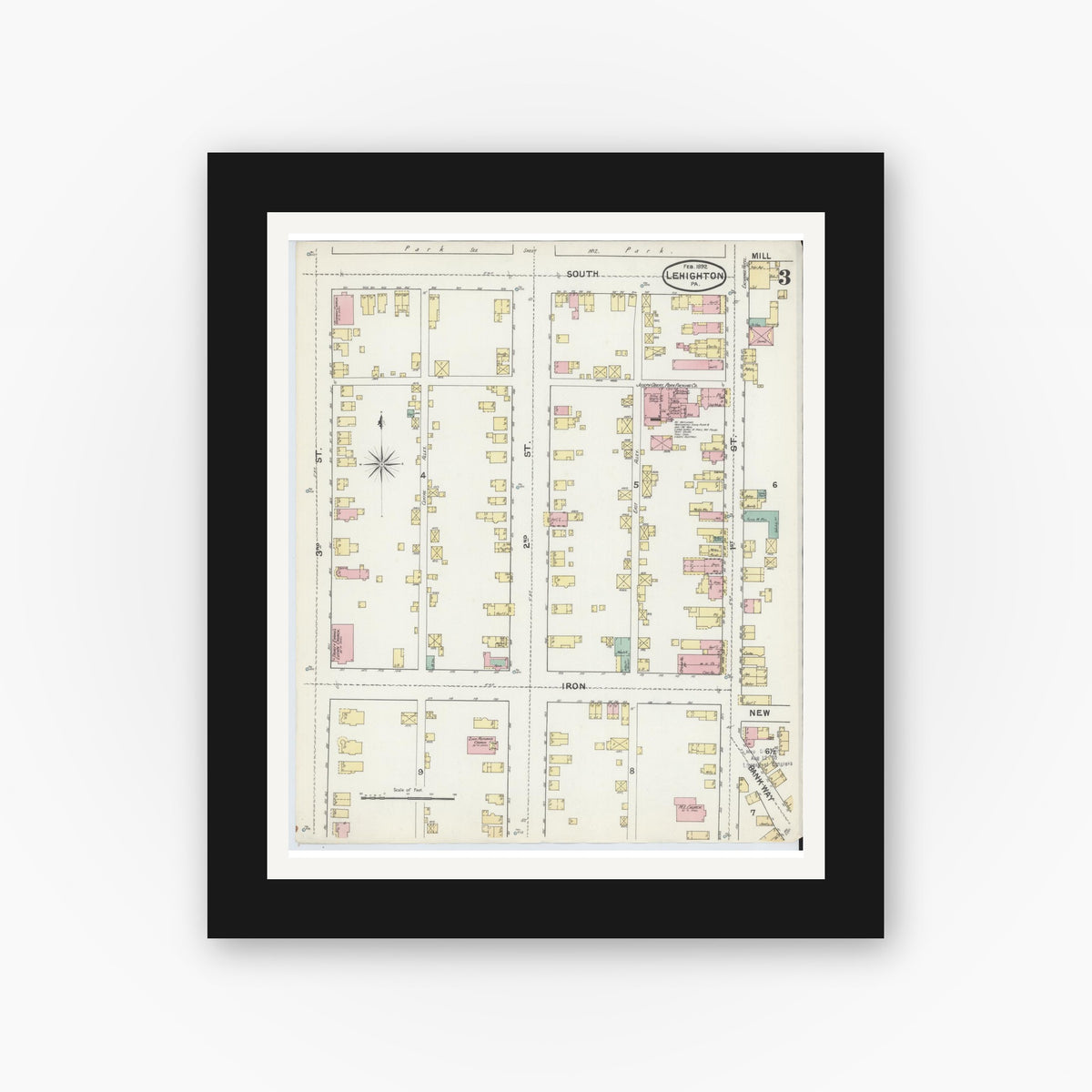 Old map wall art mockup — black gallery frame with white mat — Sanborn Fire Insurance Map from Lehighton, Carbon County, Pennsylvania (1892), Sheet #0003