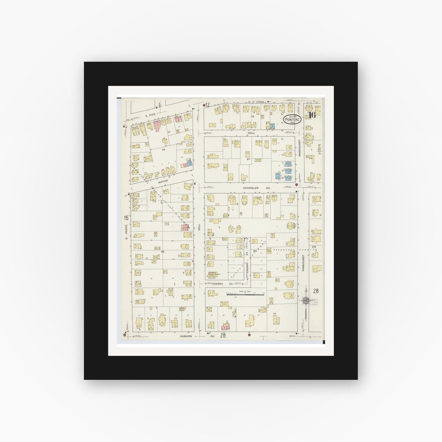 Old map wall art mockup — black gallery frame with white mat — Sanborn Fire Insurance Map from Pontiac, Oakland County, Michigan (1915), Sheet #0016