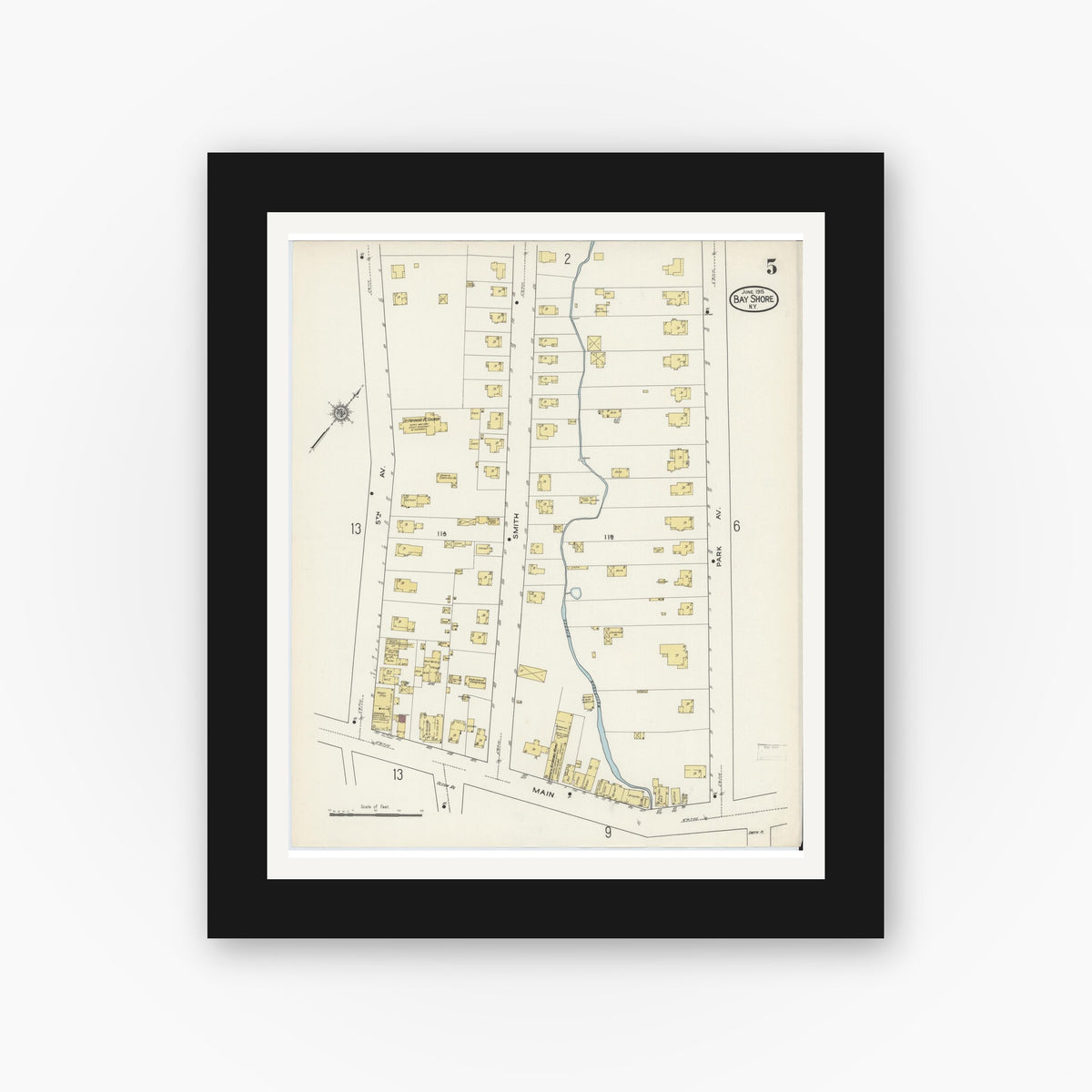 Old map wall art mockup — black gallery frame with white mat — Sanborn Fire Insurance Map from Bay Shore, Suffolk County, New York (1915), Sheet #0005