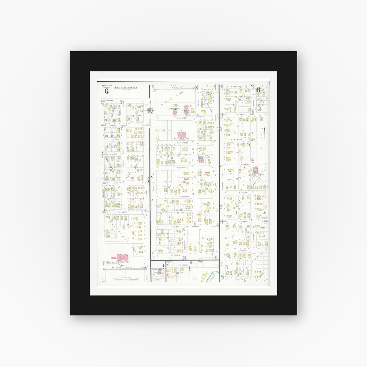 Old map wall art mockup — black gallery frame with white mat — Sanborn Fire Insurance Map from Tomah, Monroe County, Wisconsin (1937), Sheet #0006
