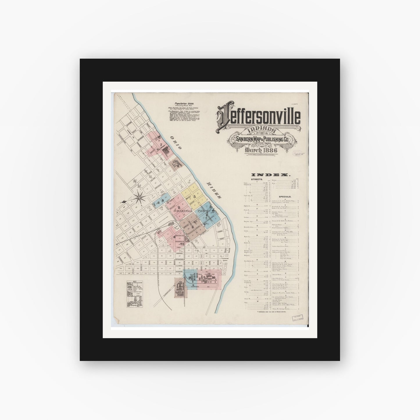 Old map wall art mockup — black gallery frame with white mat — Sanborn Fire Insurance Map from Jeffersonville, Clark County, Indiana (1886) - Complete Map Set