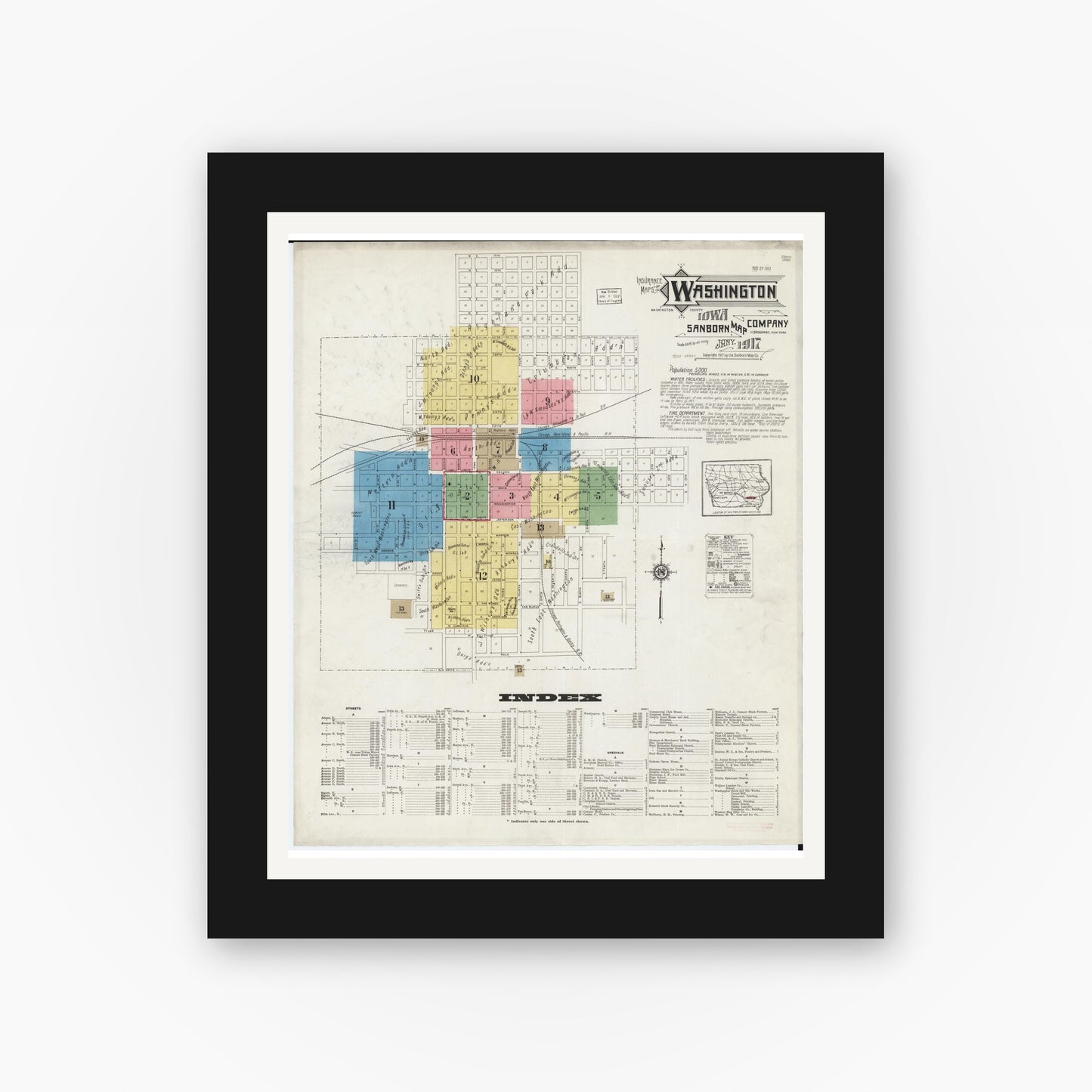 Old map wall art mockup — black gallery frame with white mat — Sanborn Fire Insurance Map from Washington, Washington County, Iowa (1917), Sheet #0001