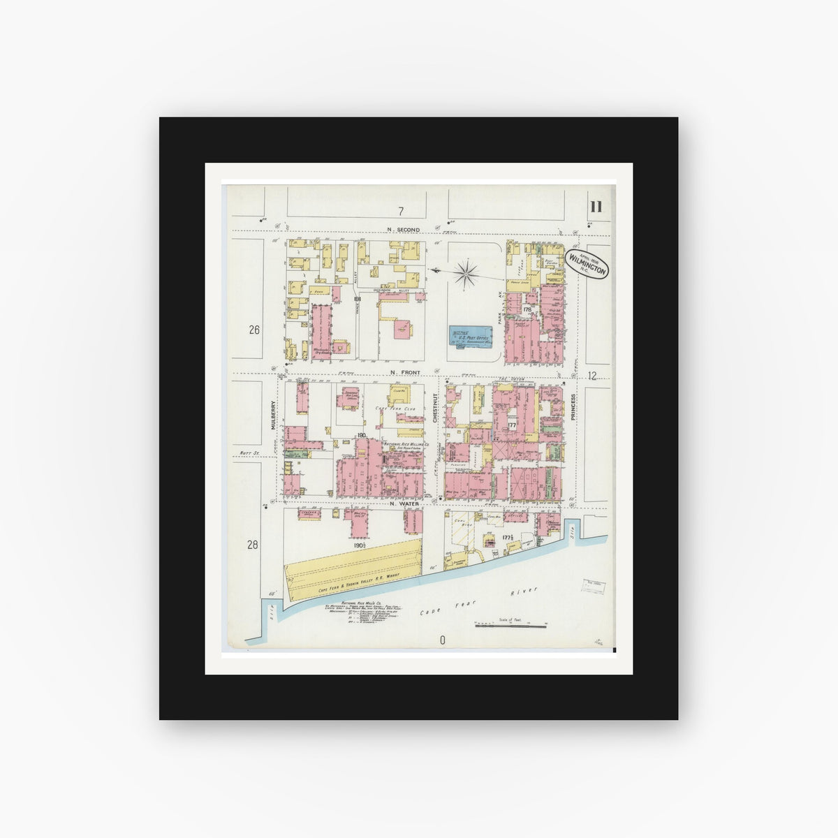 Old map wall art mockup — black gallery frame with white mat — Sanborn Fire Insurance Map from Wilmington, New Hanover County, North Carolina (1898), Sheet #0011