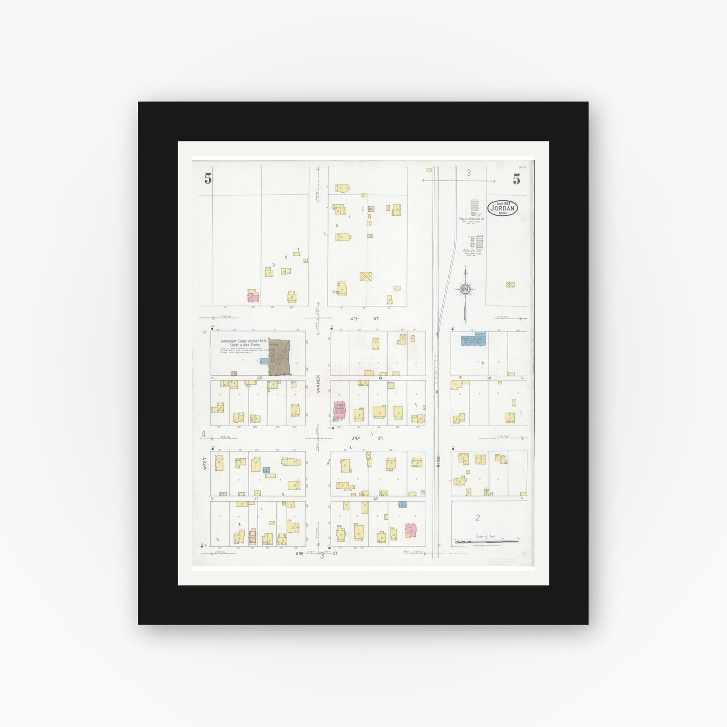Old map wall art mockup — black gallery frame with white mat — Sanborn Fire Insurance Map from Jordan, Scott County, Minnesota (1928), Sheet #0005