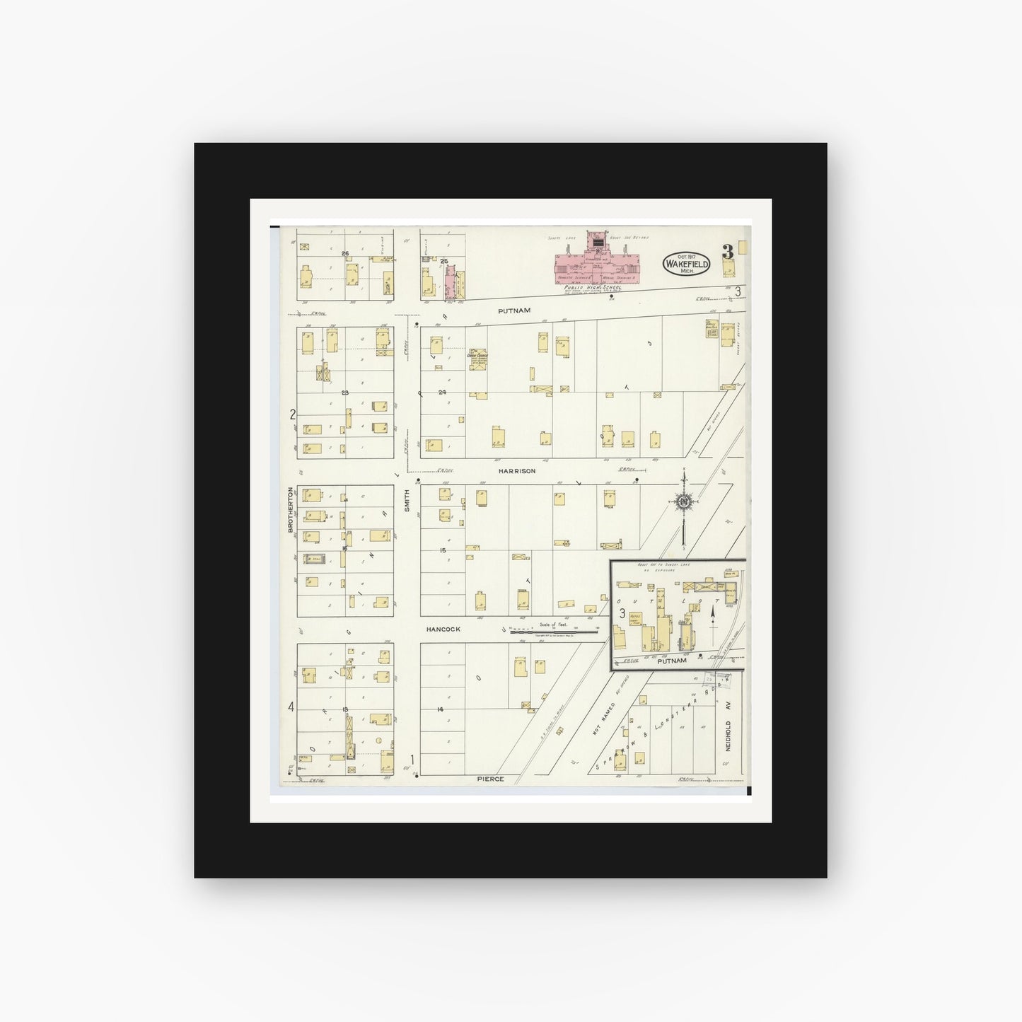Old map wall art mockup — black gallery frame with white mat — Sanborn Fire Insurance Map from Wakefield, Gogebic County, Michigan (1917), Sheet #0003