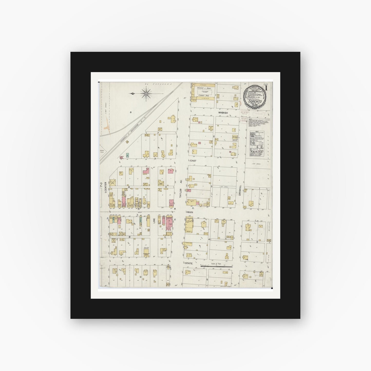 Old map wall art mockup — black gallery frame with white mat — Sanborn Fire Insurance Map from Sorento, Bond County, Illinois (1899) - Complete Map Set