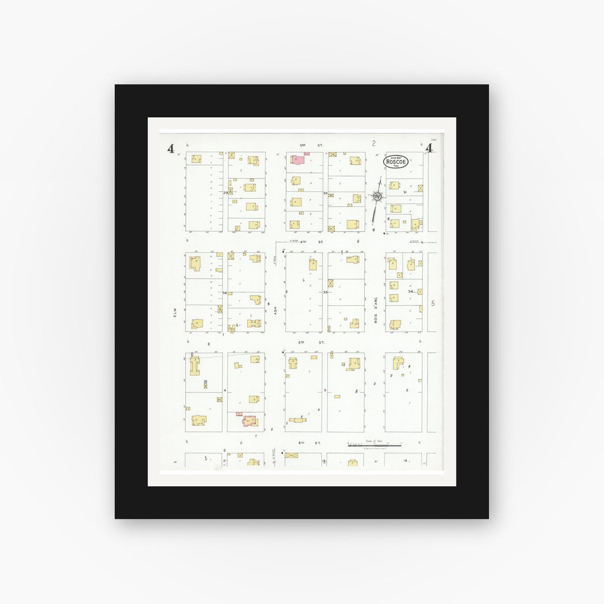 Old map wall art mockup — black gallery frame with white mat — Sanborn Fire Insurance Map from Roscoe, Nolan County, Texas (1927), Sheet #0004