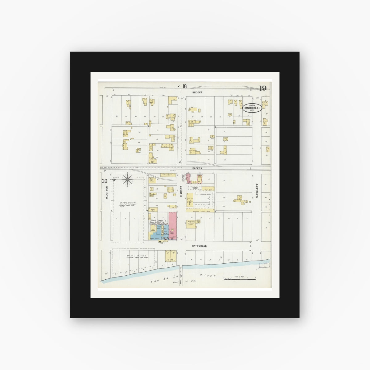 Old map wall art mockup — black gallery frame with white mat — Sanborn Fire Insurance Map from Fond du Lac, Fond du Lac County, Wisconsin (1898), Sheet #0019