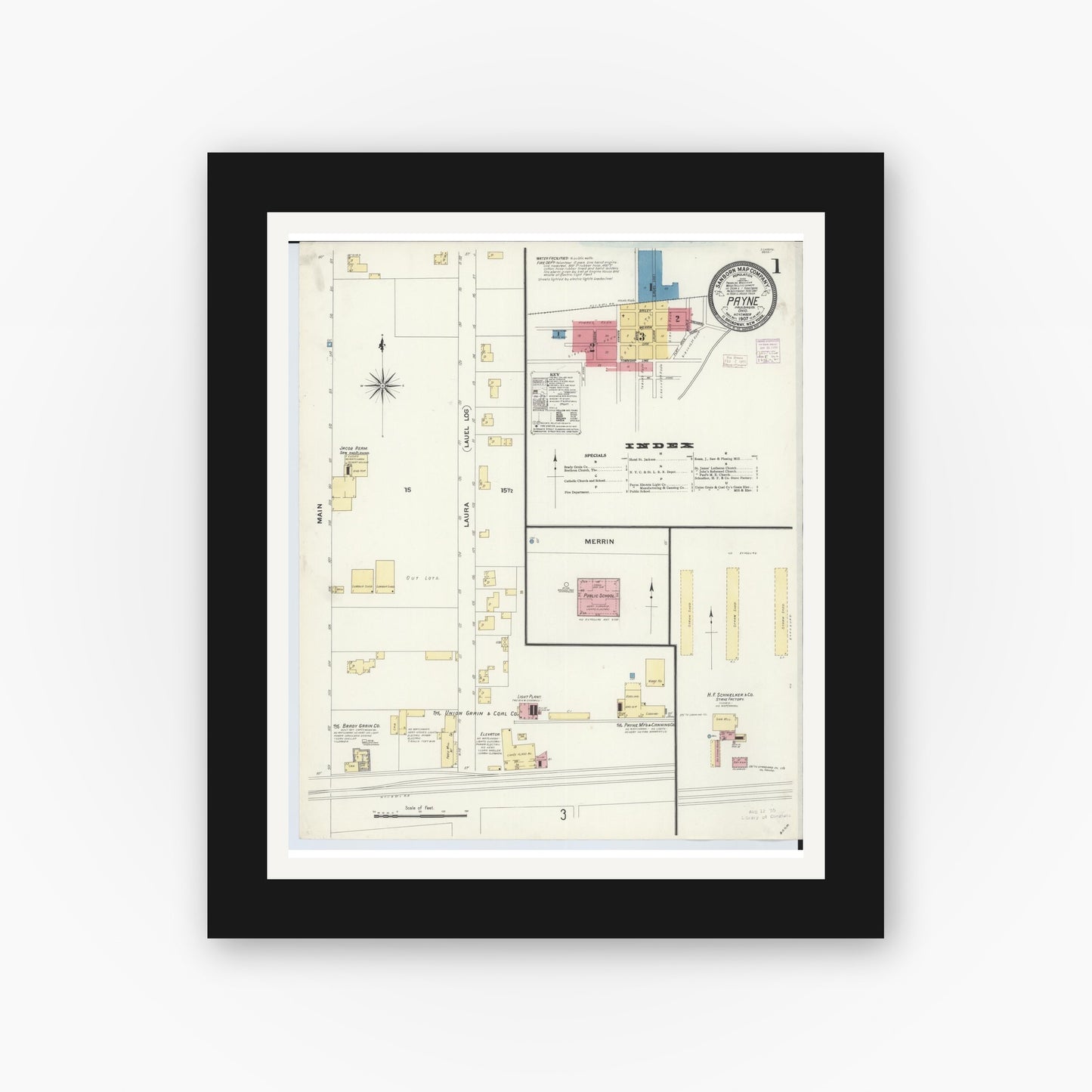 Old map wall art mockup β black gallery frame with white mat β Sanborn Fire Insurance Map from Payne, Paulding County, Ohio (1907) - Complete Map Set