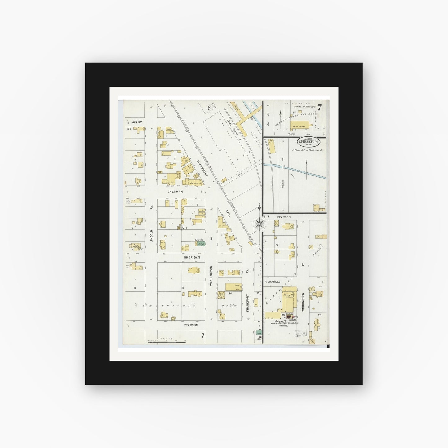 Old map wall art mockup — black gallery frame with white mat — Sanborn Fire Insurance Map from Frankfort, Benzie County, Michigan (1899), Sheet #0007