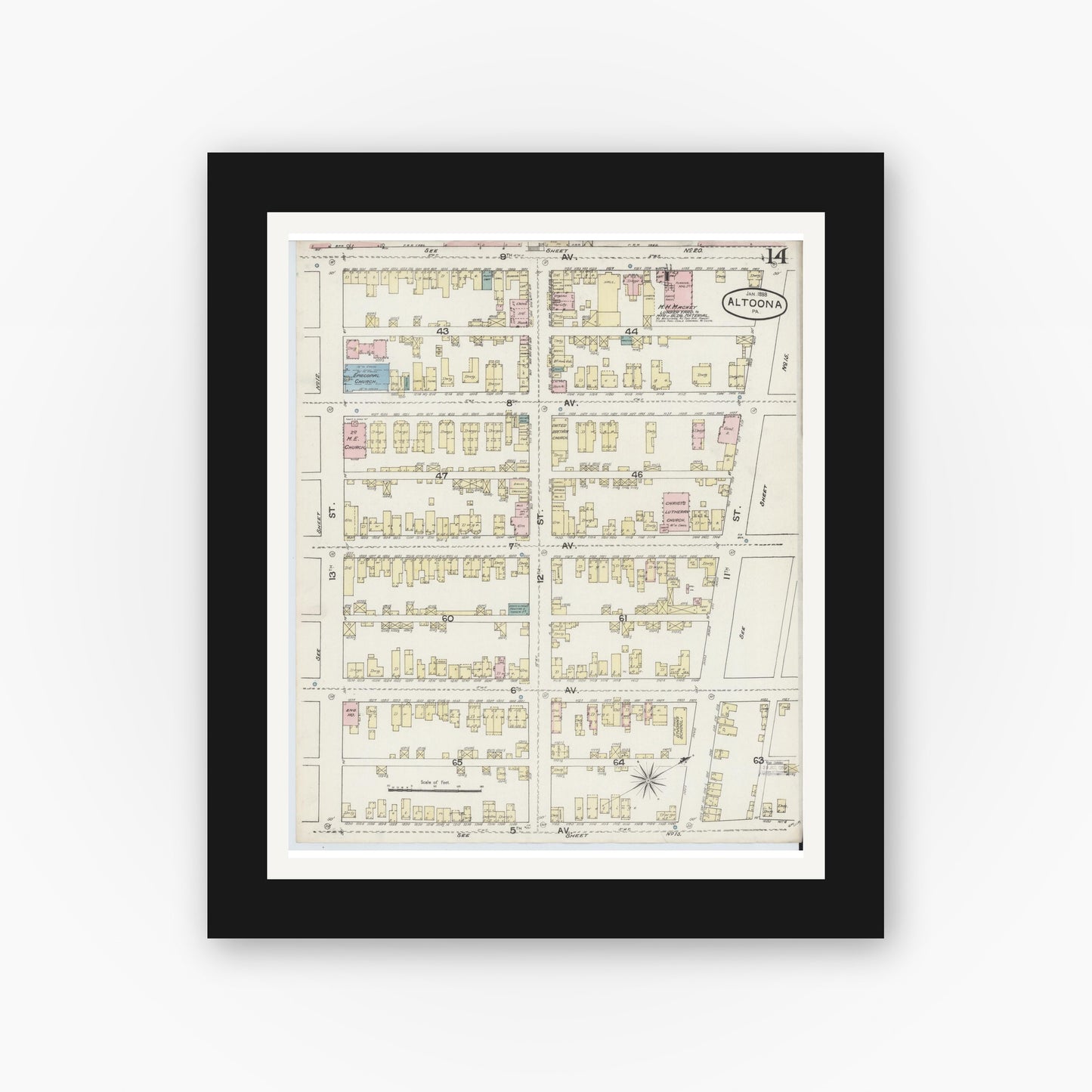 Old map wall art mockup — black gallery frame with white mat — Sanborn Fire Insurance Map from Altoona, Blair County, Pennsylvania (1888), Sheet #0014