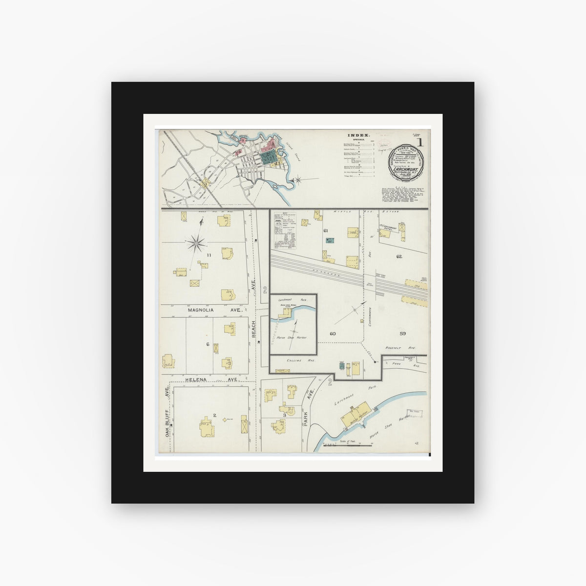 Old map wall art mockup — black gallery frame with white mat — Sanborn Fire Insurance Map from Larchmont, Westchester County, New York (1893) - Complete Map Set