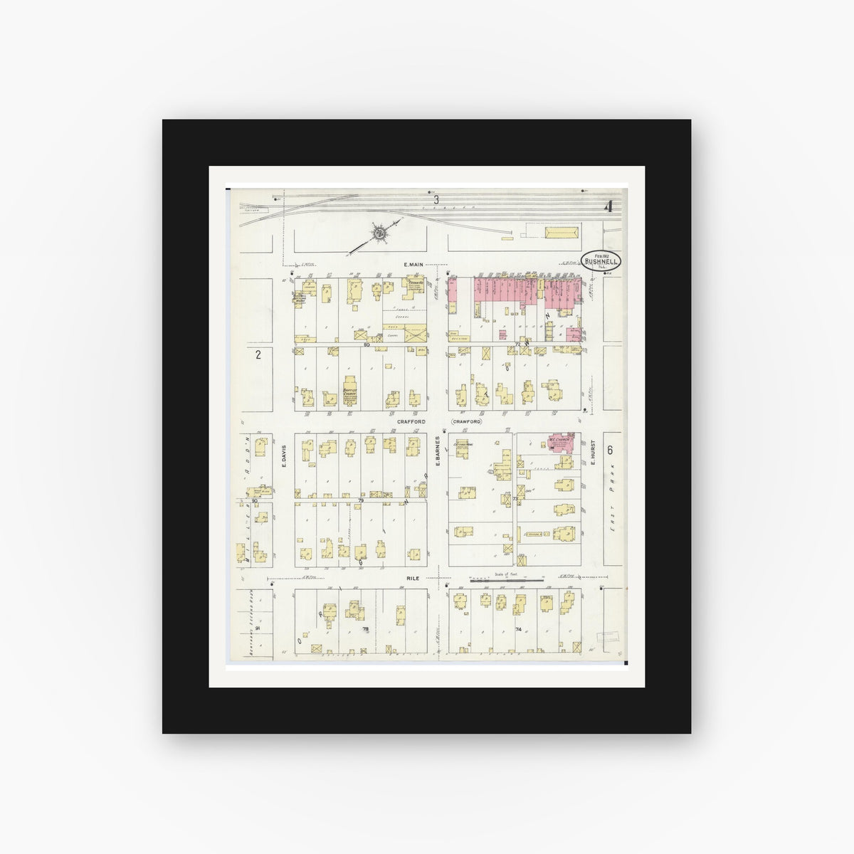 Old map wall art mockup — black gallery frame with white mat — Sanborn Fire Insurance Map from Bushnell, Mcdonough County, Illinois (1912), Sheet #0004