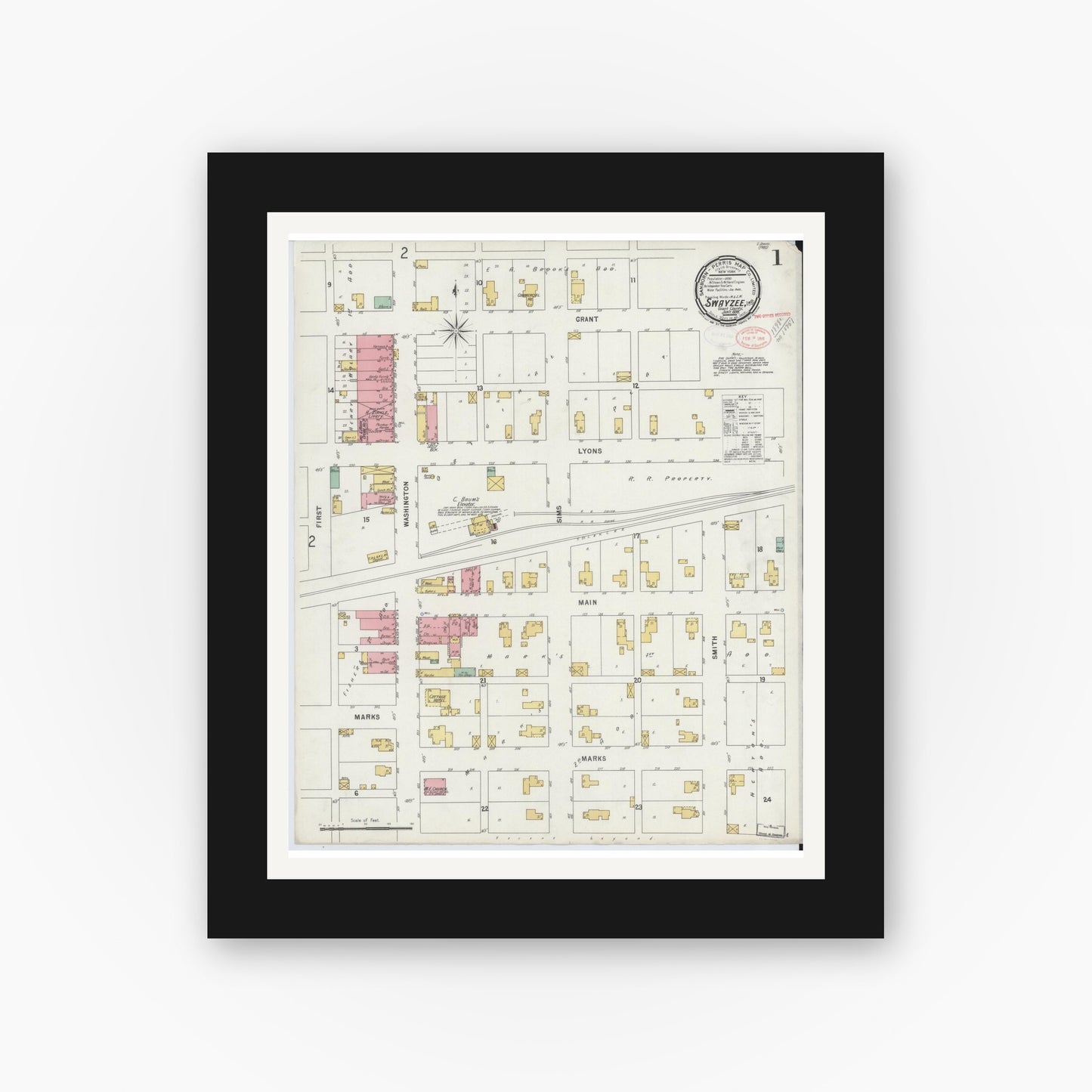 Old map wall art mockup — black gallery frame with white mat — Sanborn Fire Insurance Map from Swayzee, Grant County, Indiana (1898) - Complete Map Set