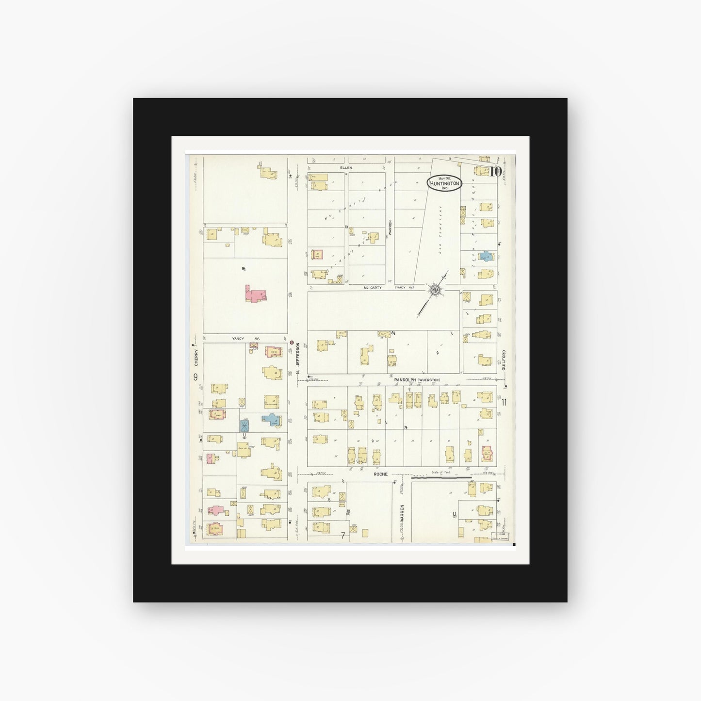 Old map wall art mockup — black gallery frame with white mat — Sanborn Fire Insurance Map from Huntington, Huntington County, Indiana (1912), Sheet #0010