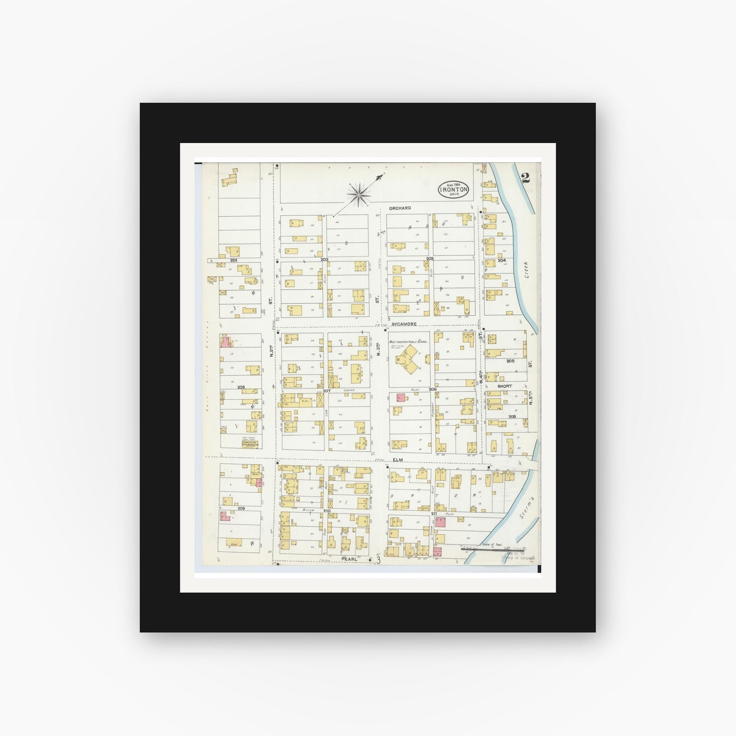 Old map wall art mockup — black gallery frame with white mat — Sanborn Fire Insurance Map from Ironton, Lawrence County, Ohio (1904), Sheet #0002