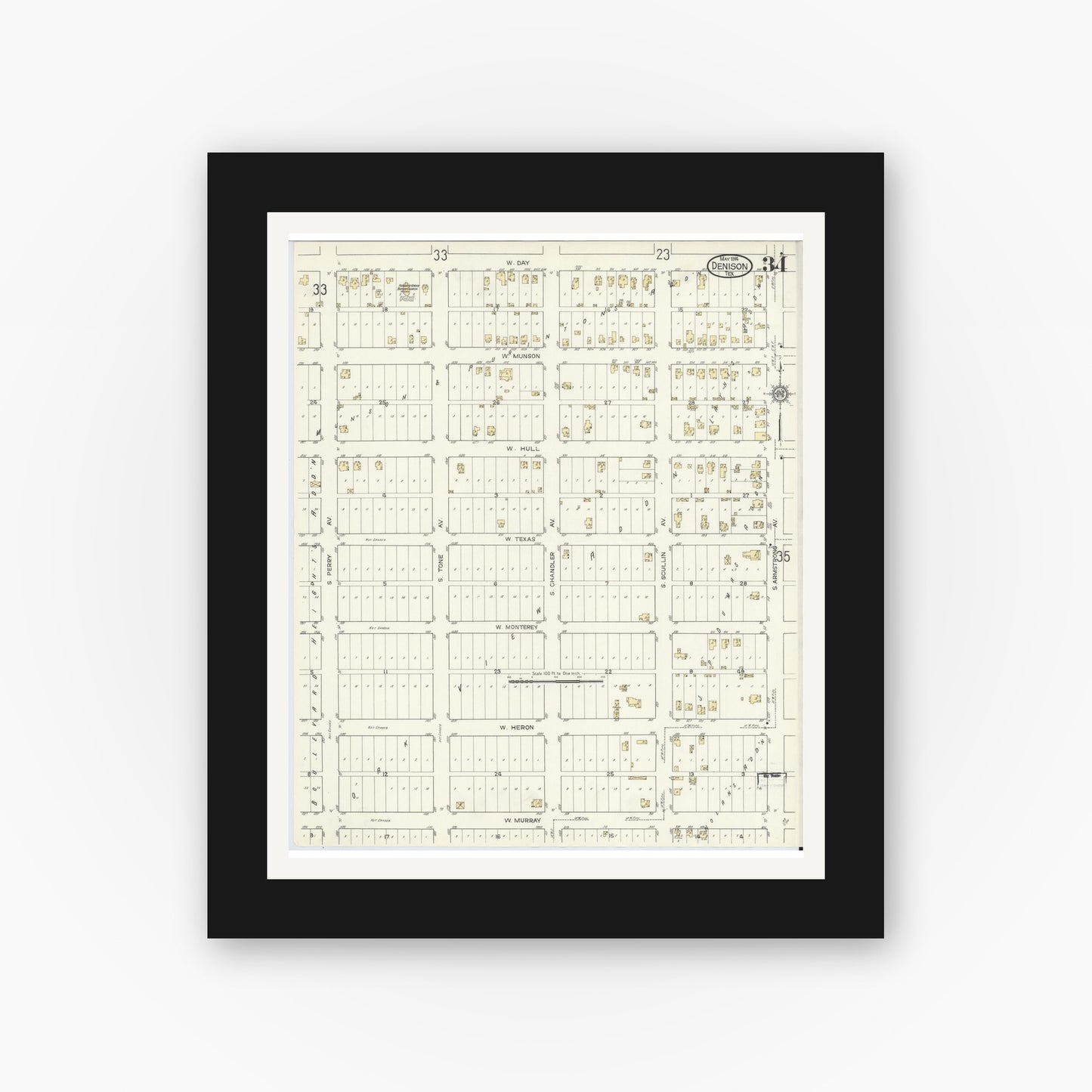 Old map wall art mockup — black gallery frame with white mat — Sanborn Fire Insurance Map from Denison, Grayson County, Texas (1914), Sheet #0034