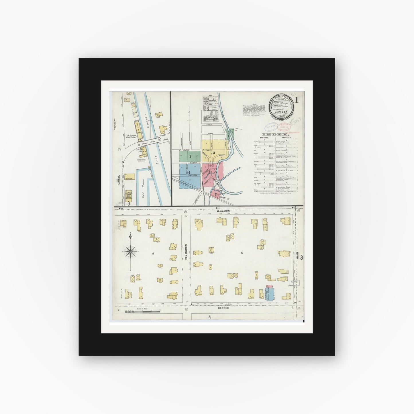 Old map wall art mockup — black gallery frame with white mat — Sanborn Fire Insurance Map from Holley, Orleans County, New York (1898) - Complete Map Set