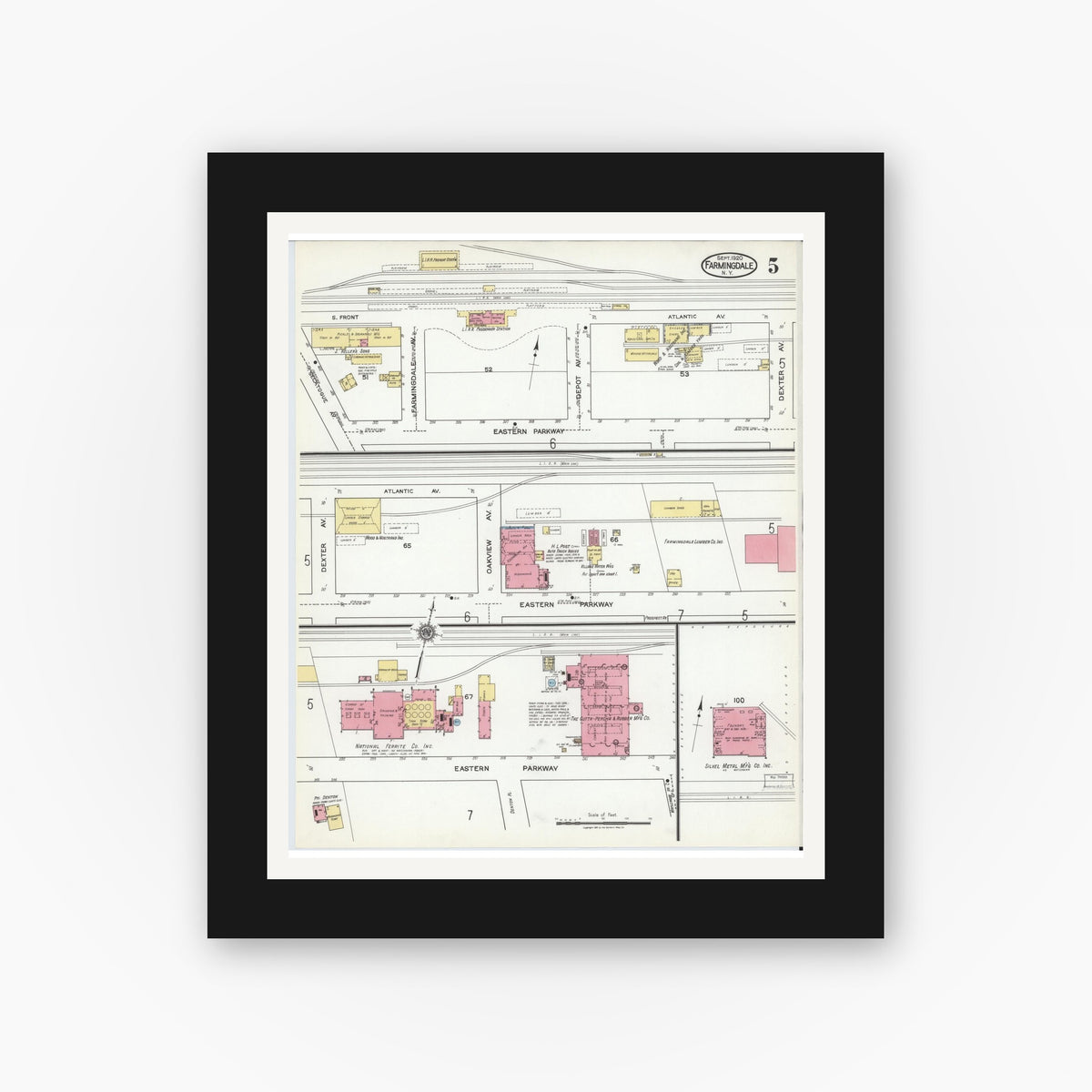 Old map wall art mockup — black gallery frame with white mat — Sanborn Fire Insurance Map from Farmingdale, Nassau County, New York (1920), Sheet #0005