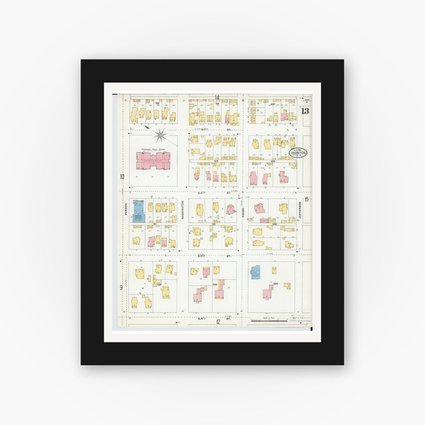 Old map wall art mockup — black gallery frame with white mat — Sanborn Fire Insurance Map from Ironton, Lawrence County, Ohio (1904), Sheet #0013