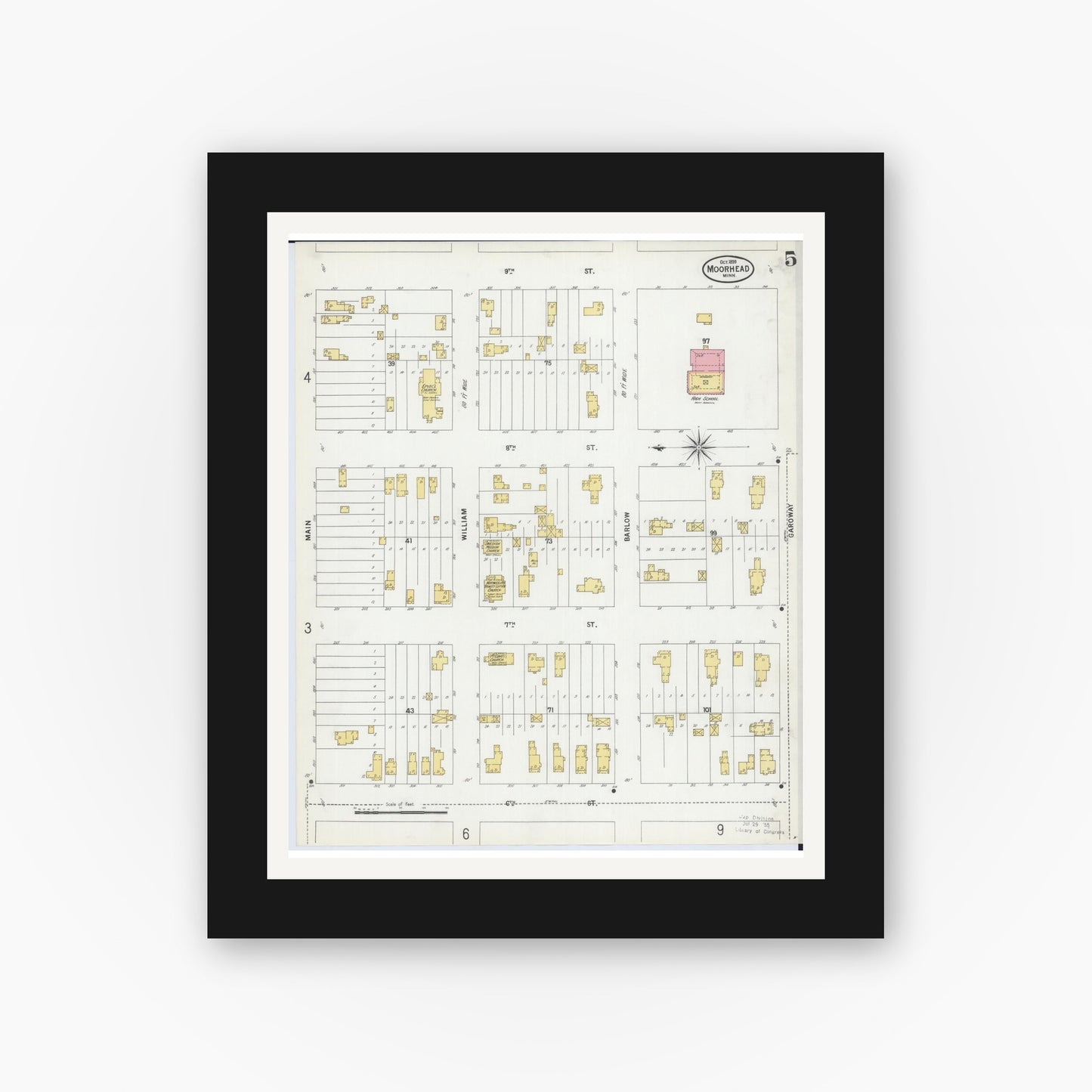 Old map wall art mockup — black gallery frame with white mat — Sanborn Fire Insurance Map from Moorhead, Clay County, Minnesota (1899), Sheet #0005