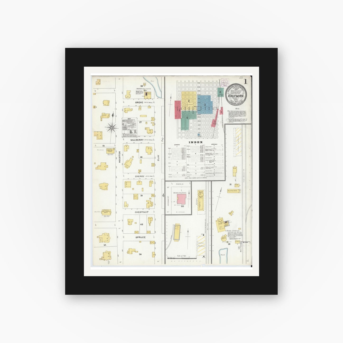 Old map wall art mockup — black gallery frame with white mat — Sanborn Fire Insurance Map from Kaufman, Kaufman County, Texas (1905), Sheet #0001
