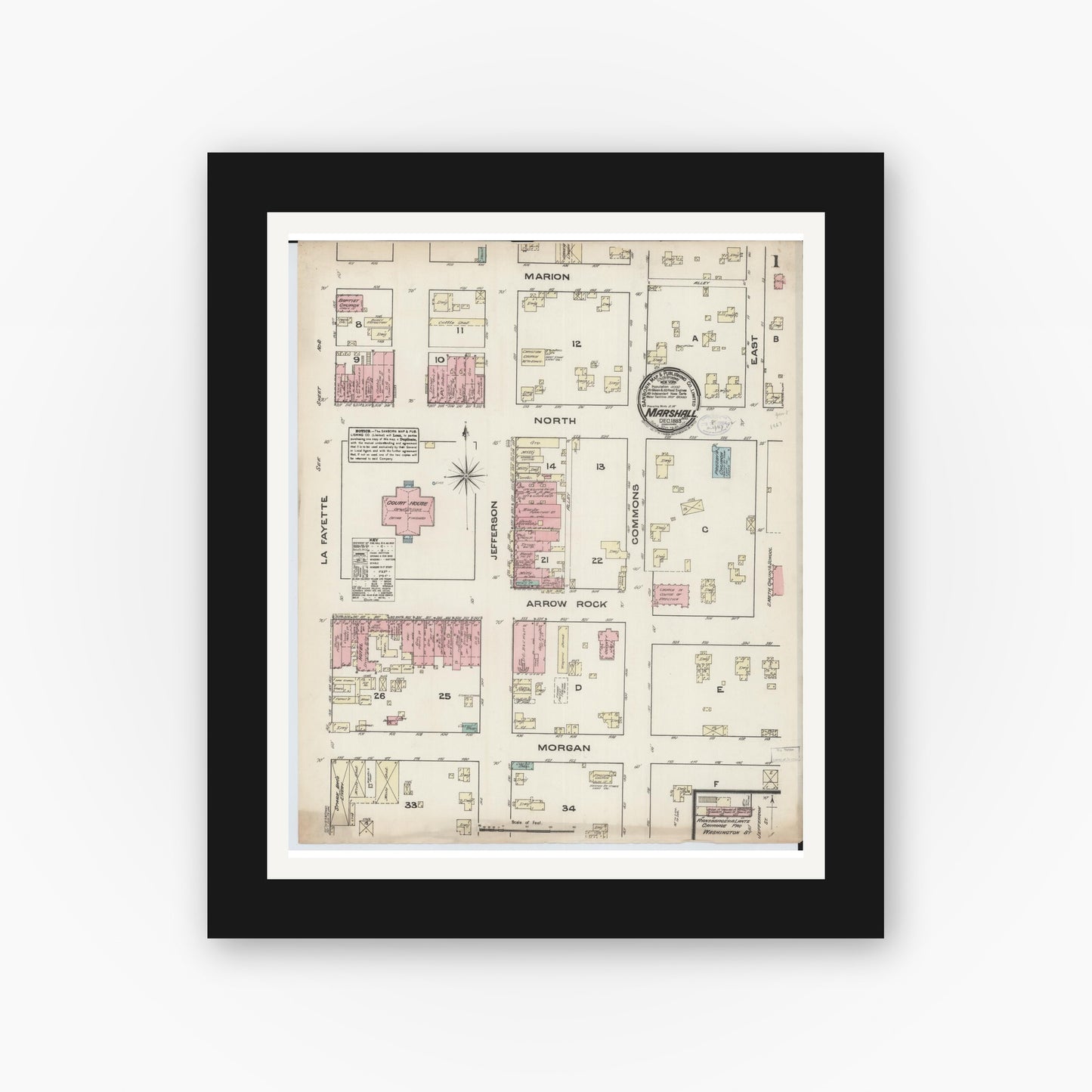 Old map wall art mockup — black gallery frame with white mat — Sanborn Fire Insurance Map from Marshall, Saline County, Missouri (1883), Sheet #0001