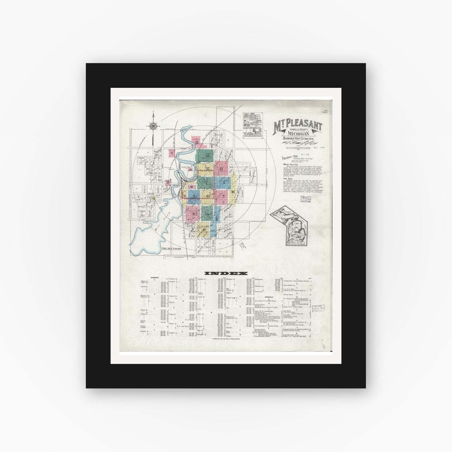 Old map wall art mockup — black gallery frame with white mat — Sanborn Fire Insurance Map from Mount Pleasant, Isabella County, Michigan (1924) - Complete Map Set