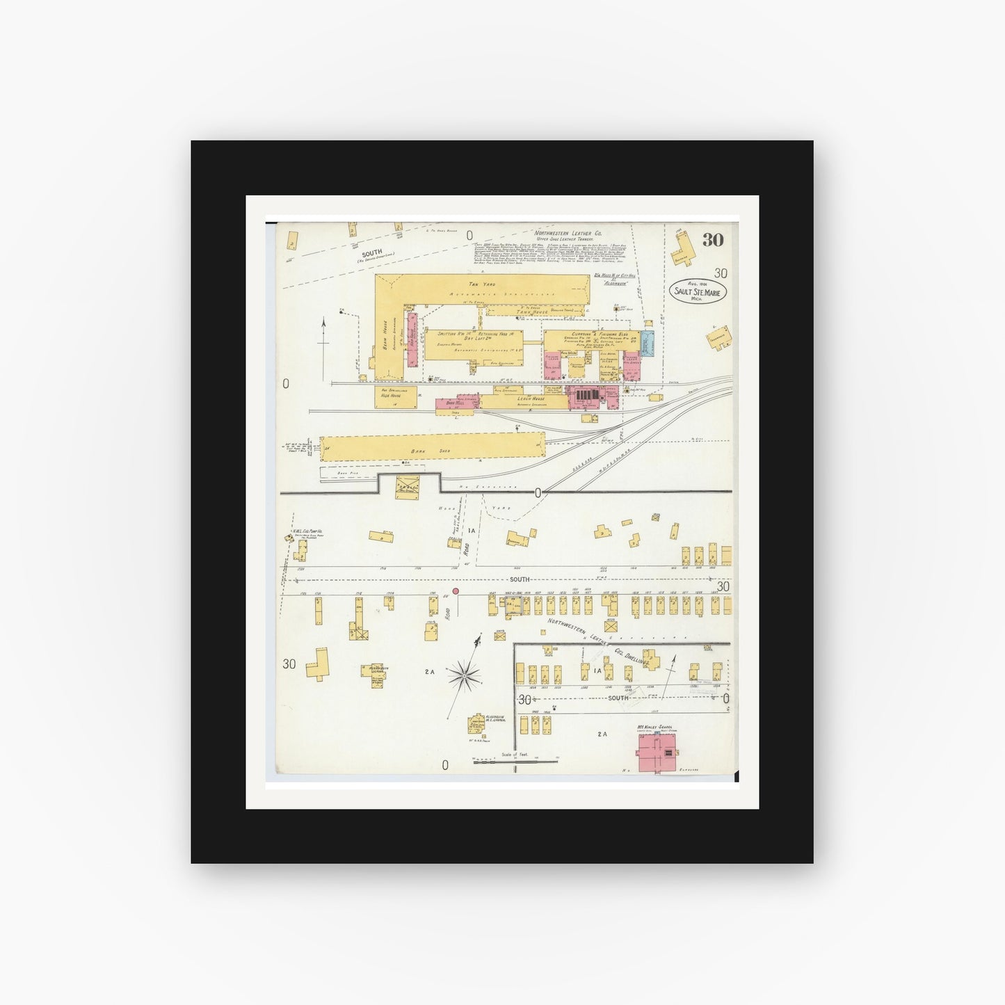 Old map wall art mockup — black gallery frame with white mat — Sanborn Fire Insurance Map from Sault Sainte Marie, Chippewa County, Michigan (1906), Sheet #0030